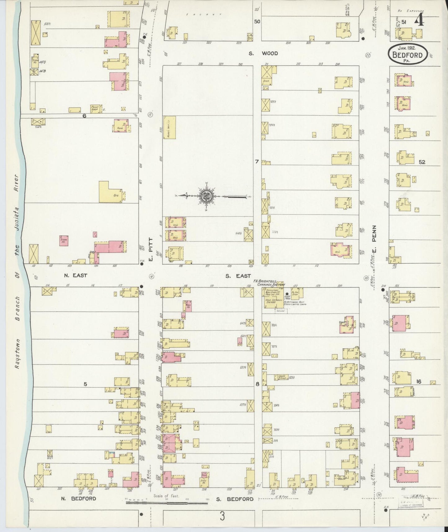 Sanborn Fire Insurance Map from Bedford, Bedford County, Pennsylvania (1912), Sheet #0004 - Historic Sanborn Fire Insurance Map Print, vintage old map wall art, antique decor, genealogy gift, Pennsylvania Pennsylvania map