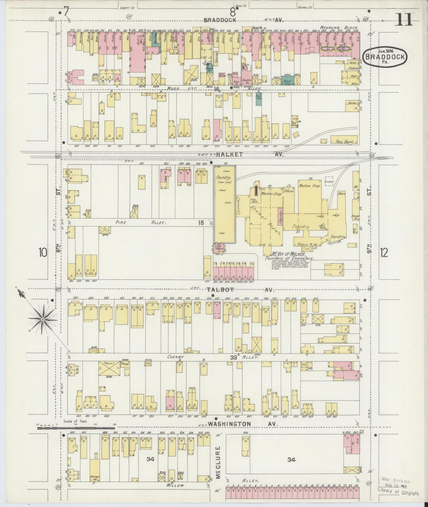 Sanborn Fire Insurance Map from Braddock, Allegheny County, Pennsylvania (1896), Sheet #0011 - Historic Sanborn Fire Insurance Map Print, vintage old map wall art, antique decor, genealogy gift, Pennsylvania Pennsylvania map