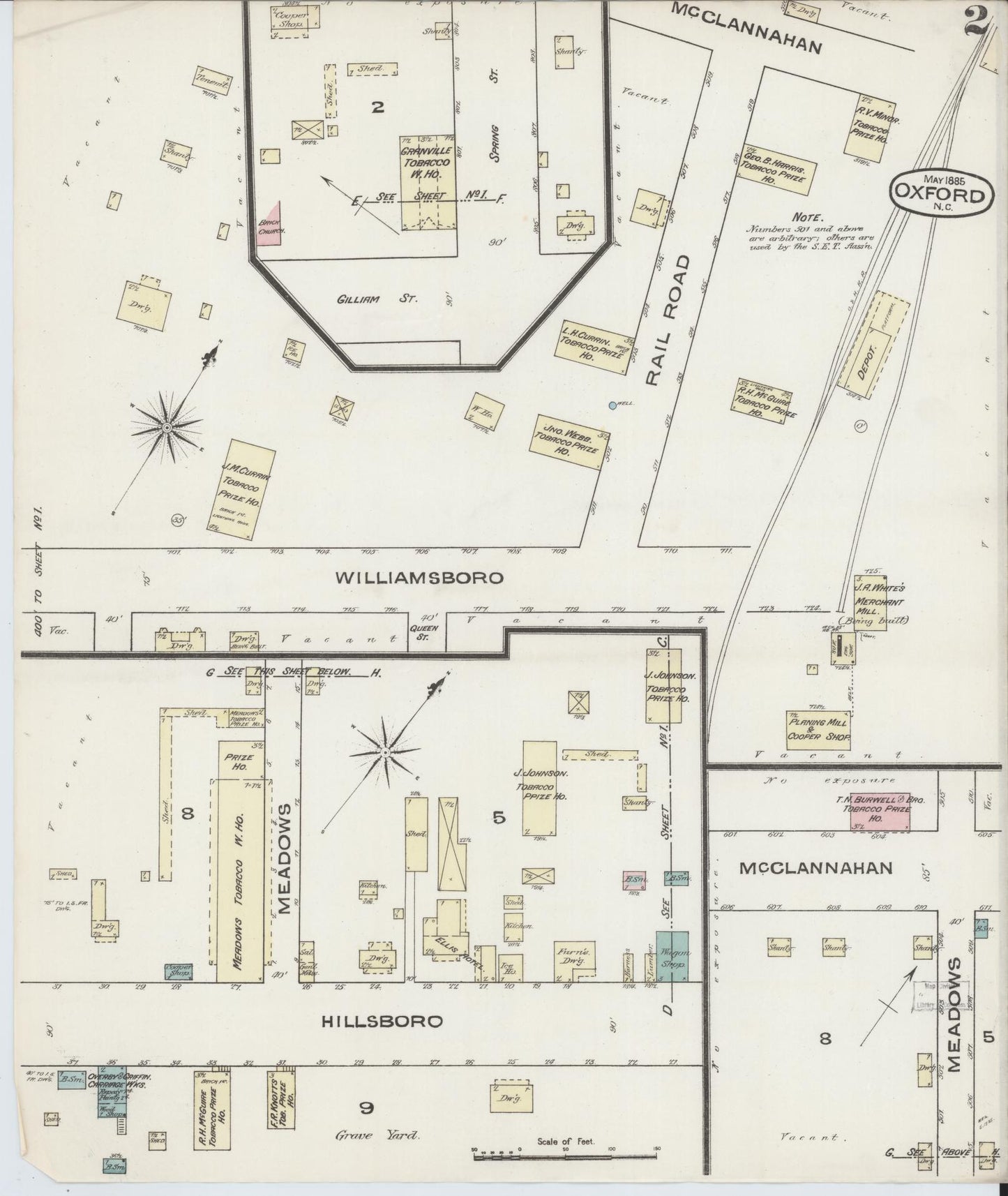 Sanborn Fire Insurance Map from Oxford, Granville County, North Carolina (1885), Sheet #0002 - Historic Sanborn Fire Insurance Map Print, vintage old map wall art, antique decor, genealogy gift, North Carolina North Carolina map