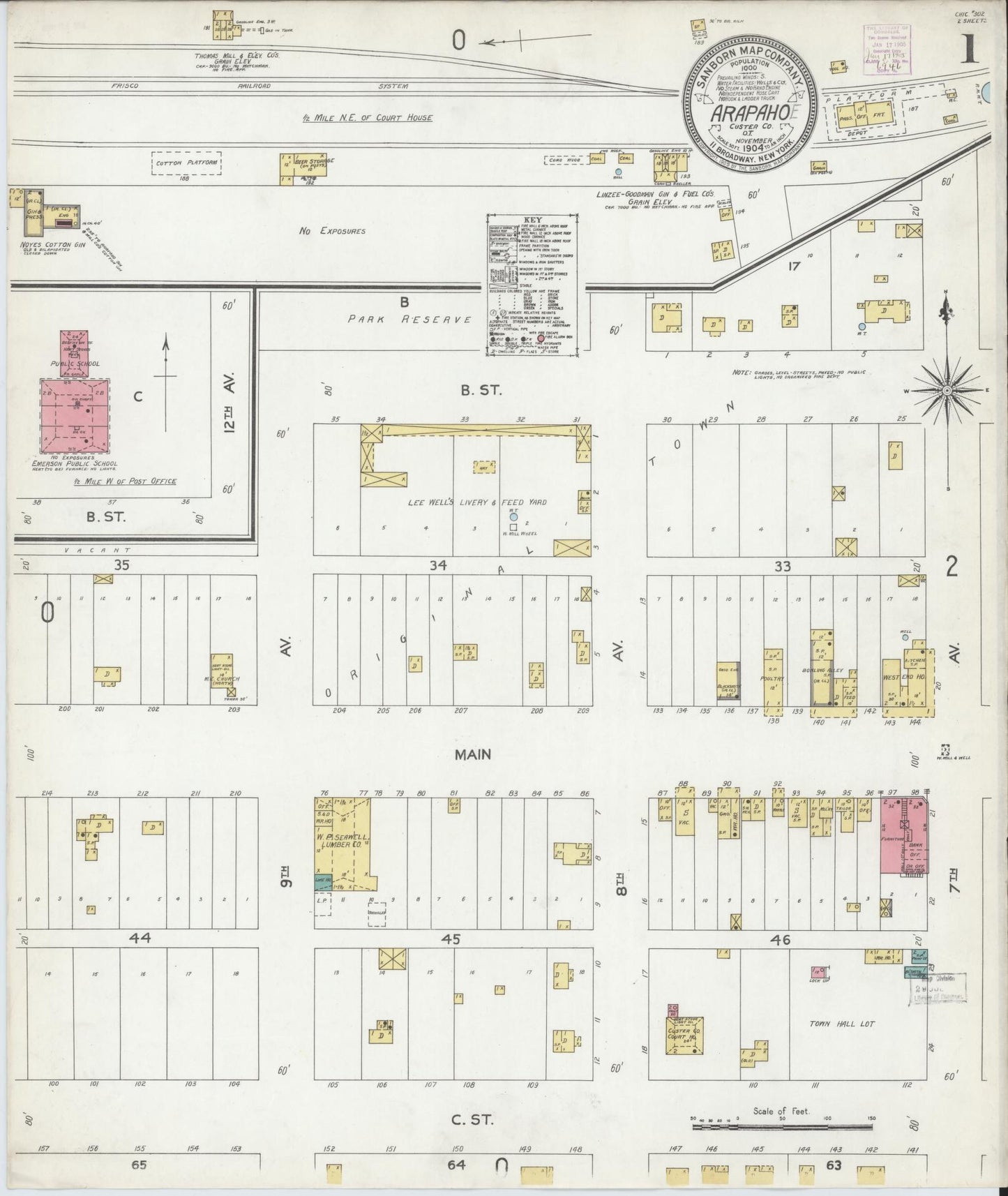 Sanborn Fire Insurance Map from Arapaho, Custer County, Oklahoma (1904), Sheet #0001 - Historic Sanborn Fire Insurance Map Print, vintage old map wall art, antique decor, genealogy gift, Oklahoma Oklahoma map