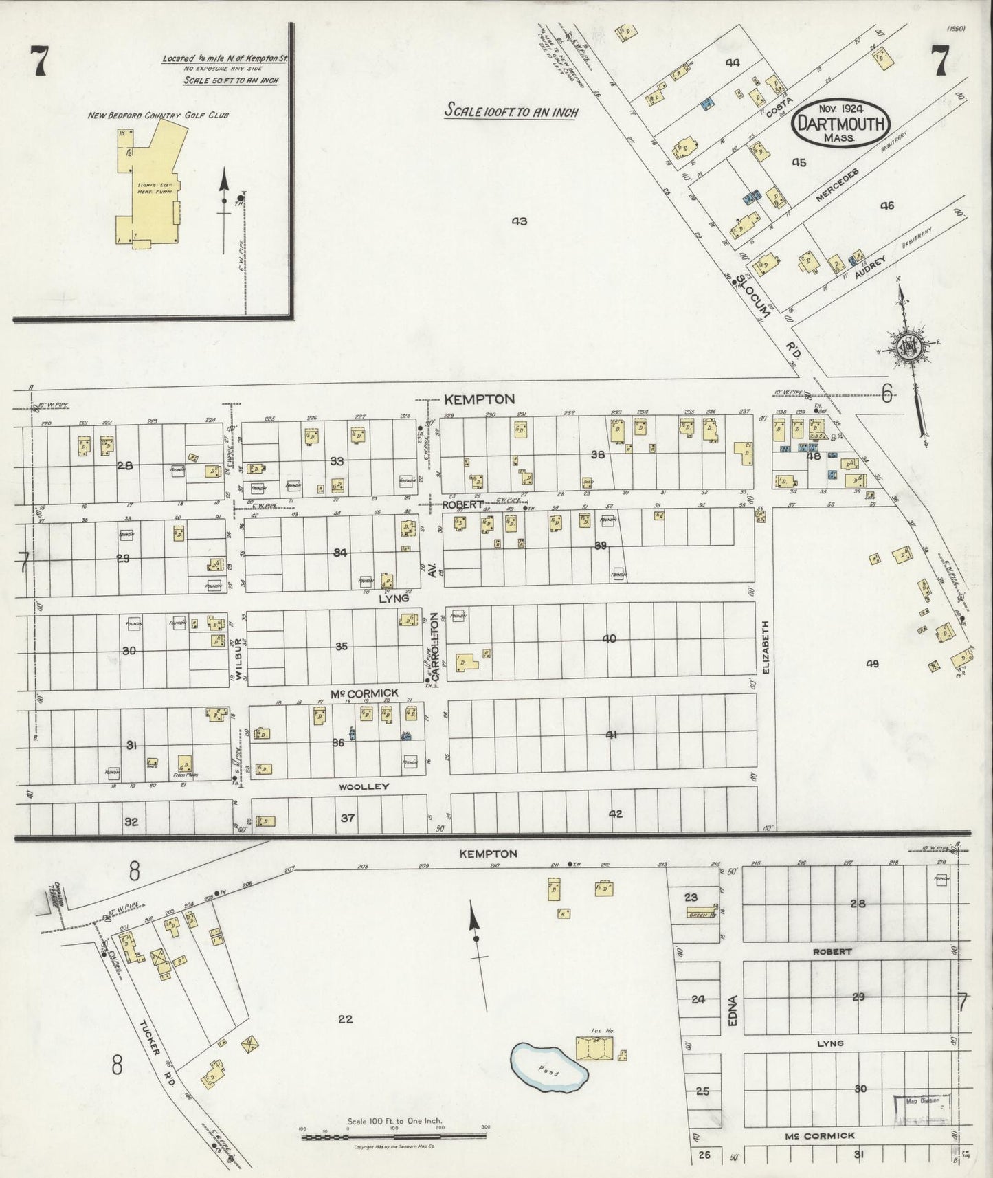 Sanborn Fire Insurance Map from Dartmouth, Bristol County, Massachusetts (1924), Sheet #0007 - Historic Sanborn Fire Insurance Map Print, vintage old map wall art, antique decor, genealogy gift, Massachusetts Massachusetts map