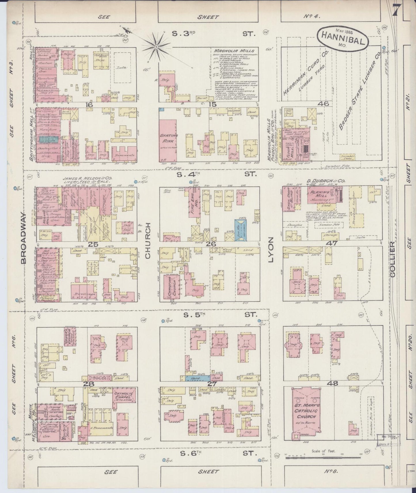 Sanborn Fire Insurance Map from Hannibal, Marion County, Missouri (1885), Sheet #0007 - Historic Sanborn Fire Insurance Map Print, vintage old map wall art, antique decor, genealogy gift, Missouri Missouri map