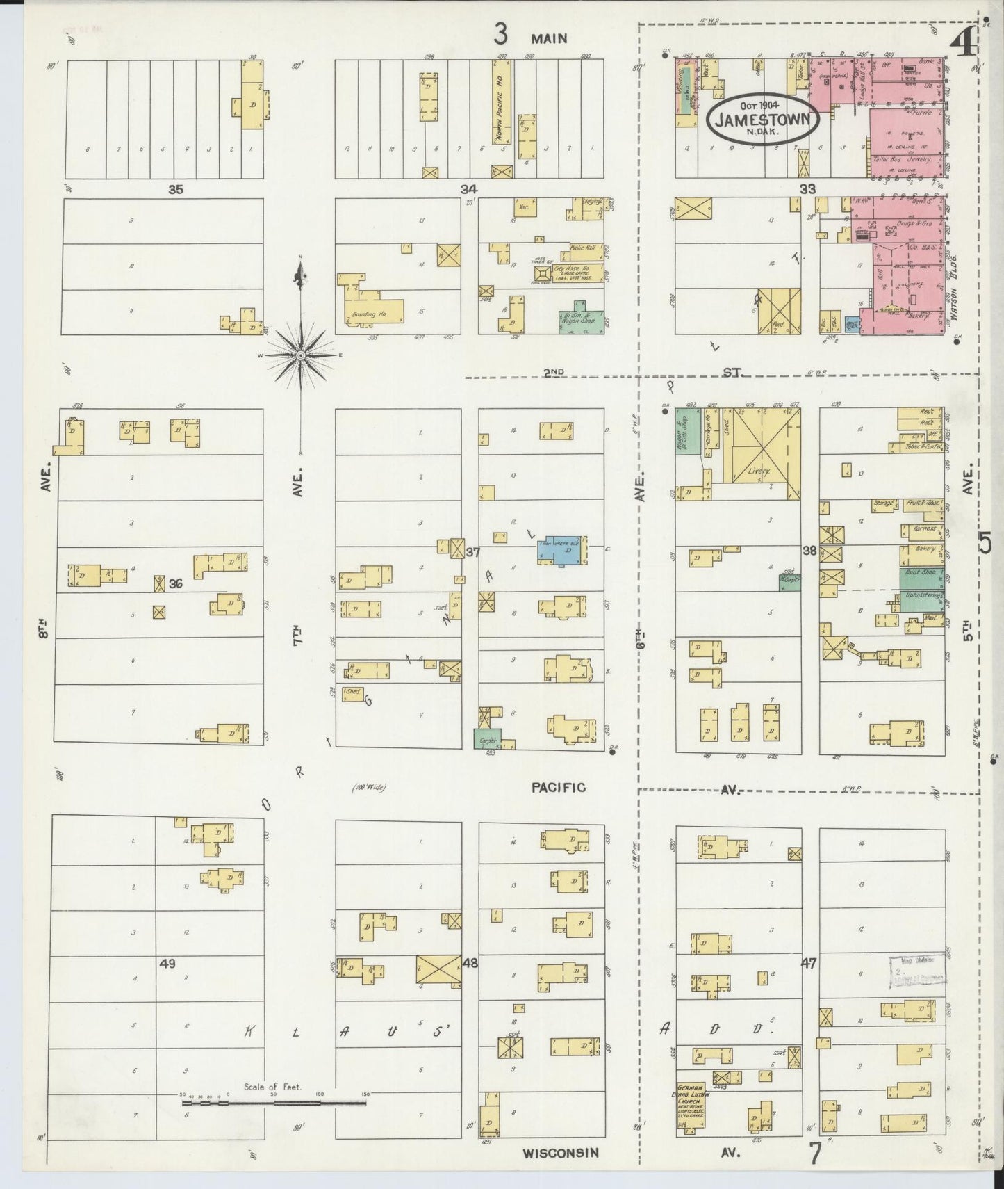 Sanborn Fire Insurance Map from Jamestown, Stutsman County, North Dakota (1904), Sheet #0004 - Historic Sanborn Fire Insurance Map Print, vintage old map wall art, antique decor, genealogy gift, North Dakota North Dakota map