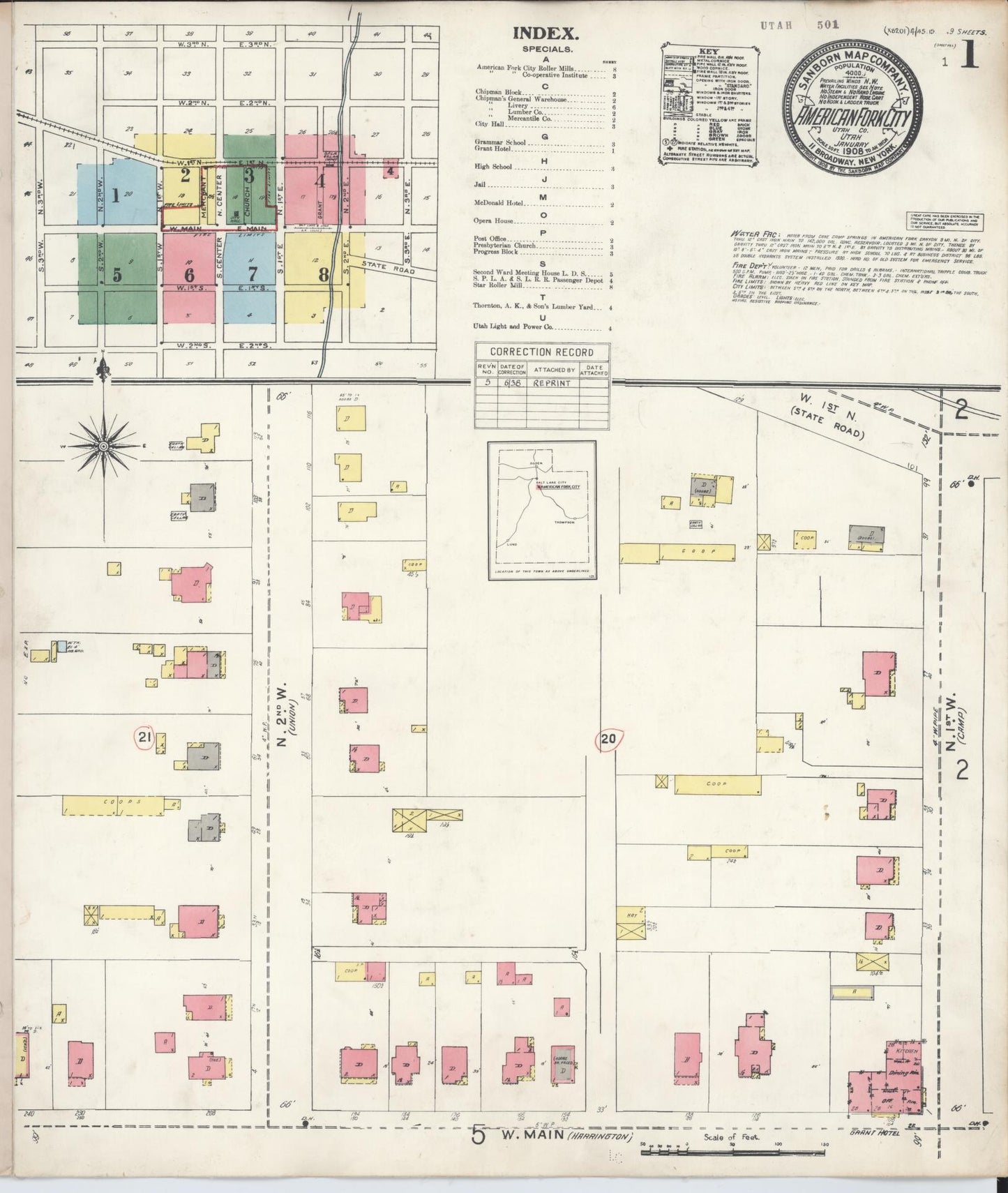 Sanborn Fire Insurance Map from American Fork, Utah County, Utah (1938), Sheet #0001 - Historic Sanborn Fire Insurance Map Print, vintage old map wall art, antique decor, genealogy gift, American Fork Utah map