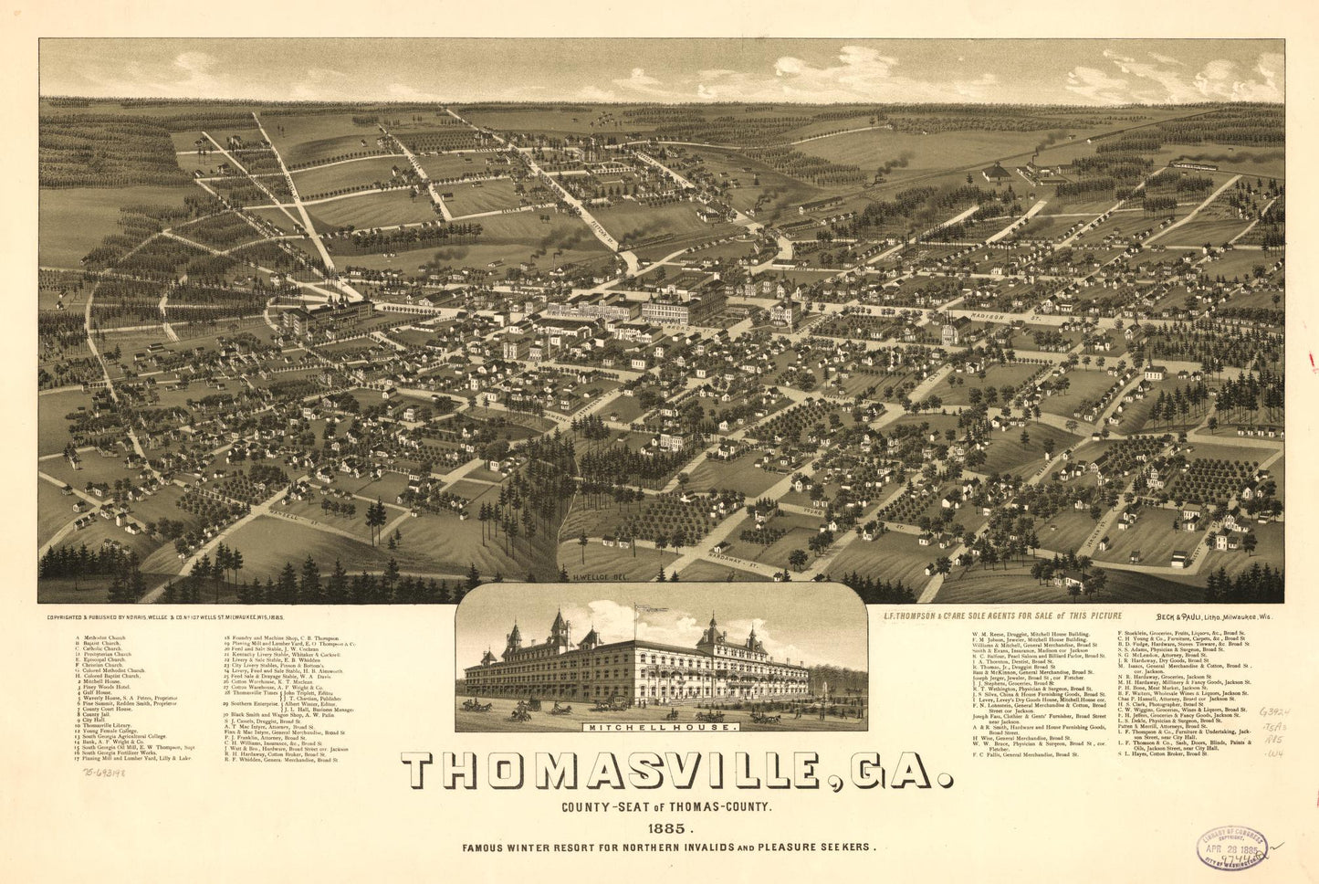 Thomasville, Ga. county-seat of Thomas-County 1885. Famous winter resort for northern invalids and pleasure seekers. (1885) – Historic Bird’s-Eye View Panorama Print