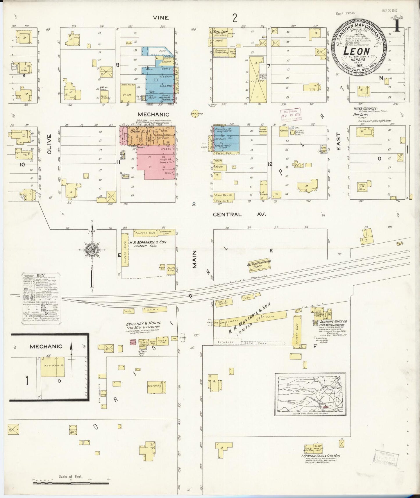 Sanborn Fire Insurance Map from Leon, Butler County, Kansas (1915), Sheet #0001 - Historic Sanborn Fire Insurance Map Print, vintage old map wall art, antique decor, genealogy gift, Kansas Kansas map