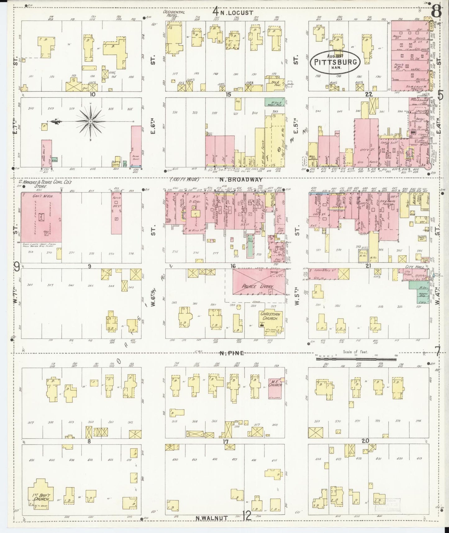 Sanborn Fire Insurance Map from Pittsburg, Crawford County, Kansas (1897), Sheet #0008 - Historic Sanborn Fire Insurance Map Print, vintage old map wall art, antique decor, genealogy gift, Kansas Kansas map