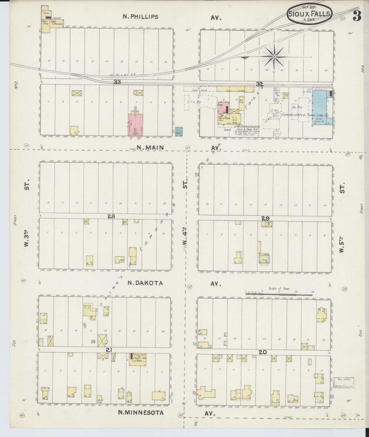 Sanborn Fire Insurance Map from Sioux Falls, Minnehaha County, South Dakota (1891), Sheet #0003 - Historic Sanborn Fire Insurance Map Print, vintage old map wall art, antique decor, genealogy gift, South Dakota South Dakota map