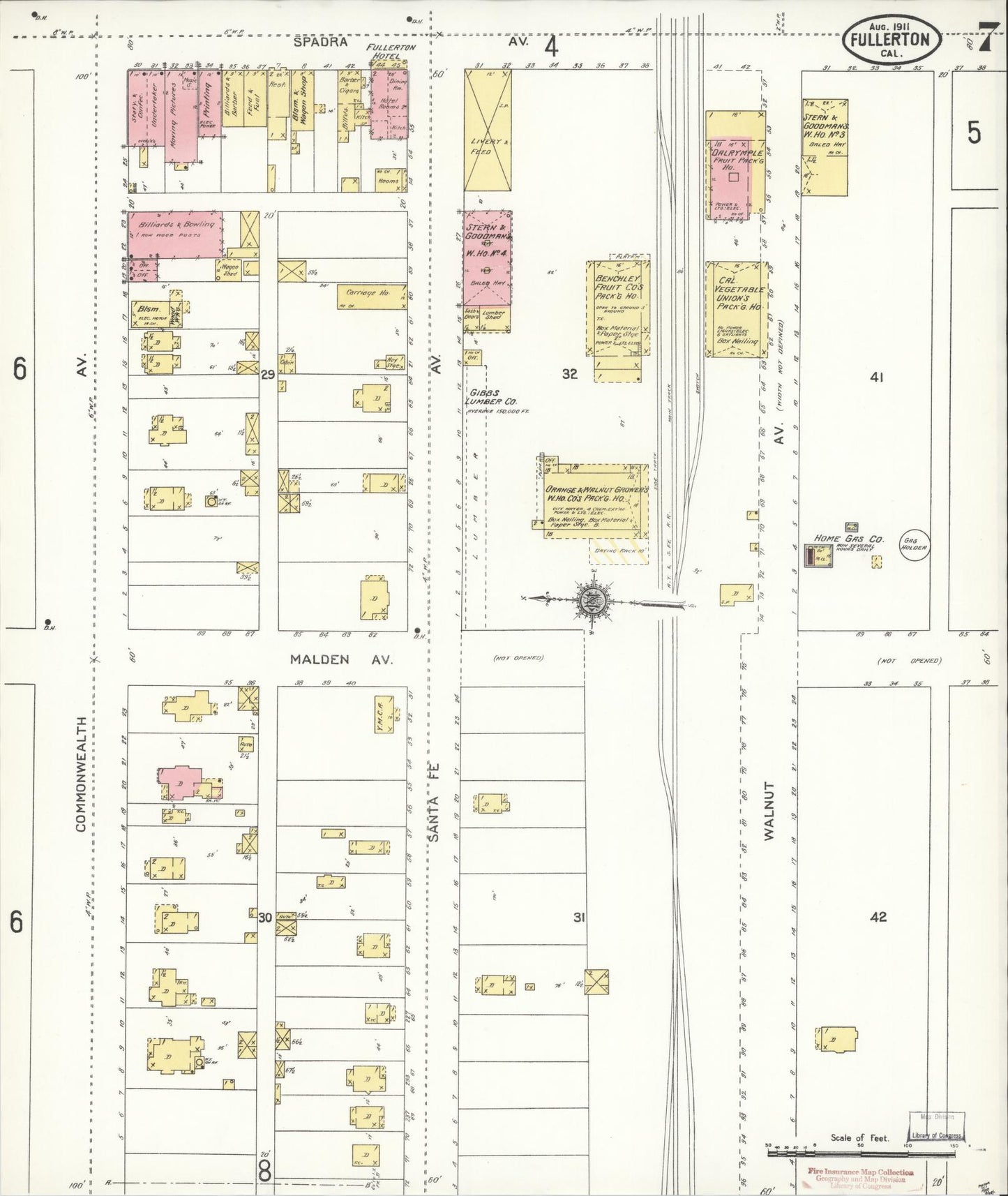 Sanborn Fire Insurance Map from Fullerton, Orange County, California (1911), Sheet #0007 - Historic Sanborn Fire Insurance Map Print, vintage old map wall art, antique decor, genealogy gift, California California map