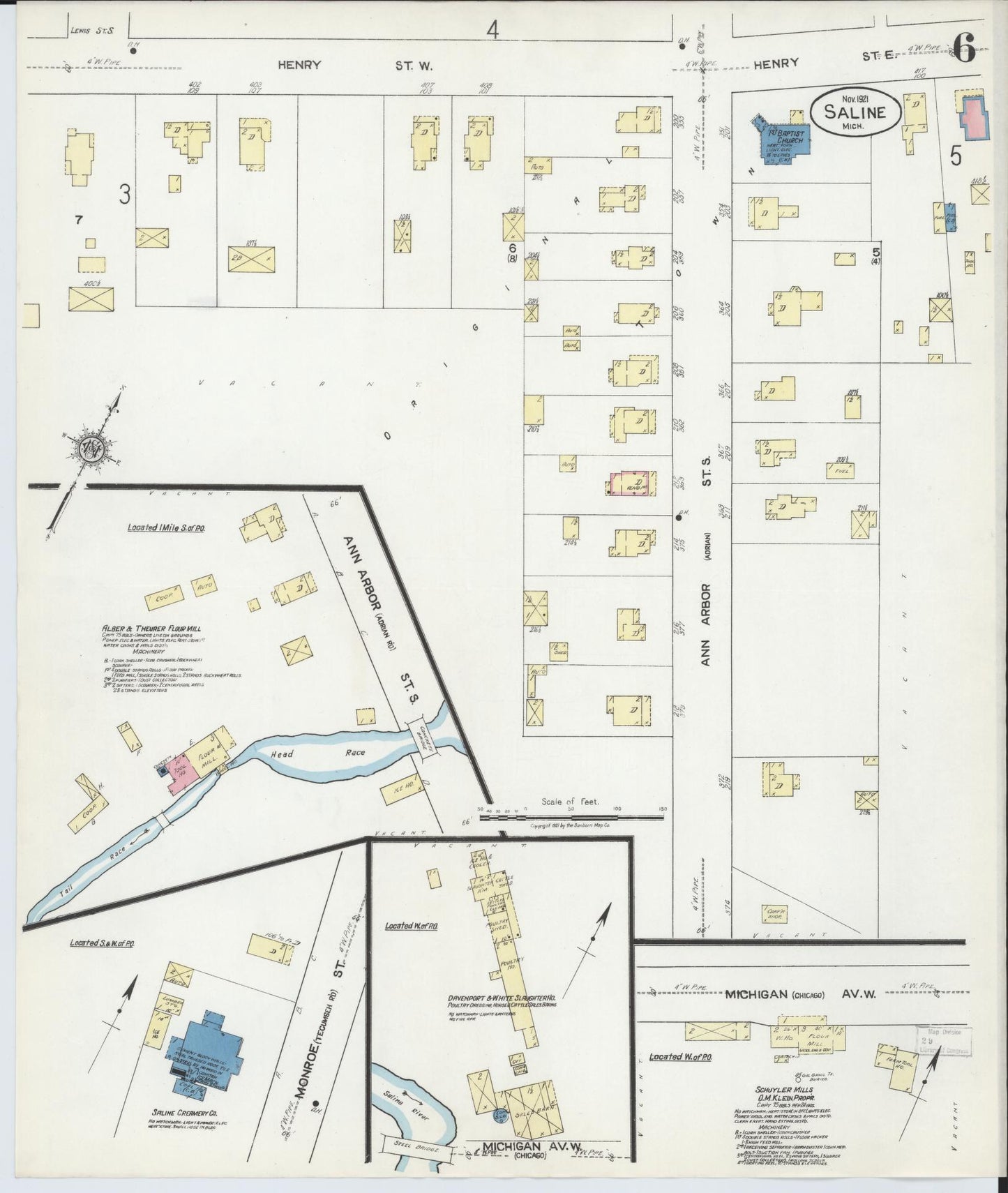 Sanborn Fire Insurance Map from Saline, Washtenaw County, Michigan (1921), Sheet #0006 - Complete Map Set gallery image, historic Sanborn map, vintage wall art, Michigan Michigan