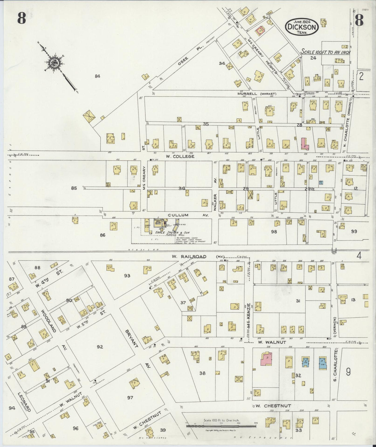 Sanborn Fire Insurance Map from Dickson, Dickson County, Tennessee (1924), Sheet #0008 - Historic Sanborn Fire Insurance Map Print, vintage old map wall art, antique decor, genealogy gift, Tennessee Tennessee map