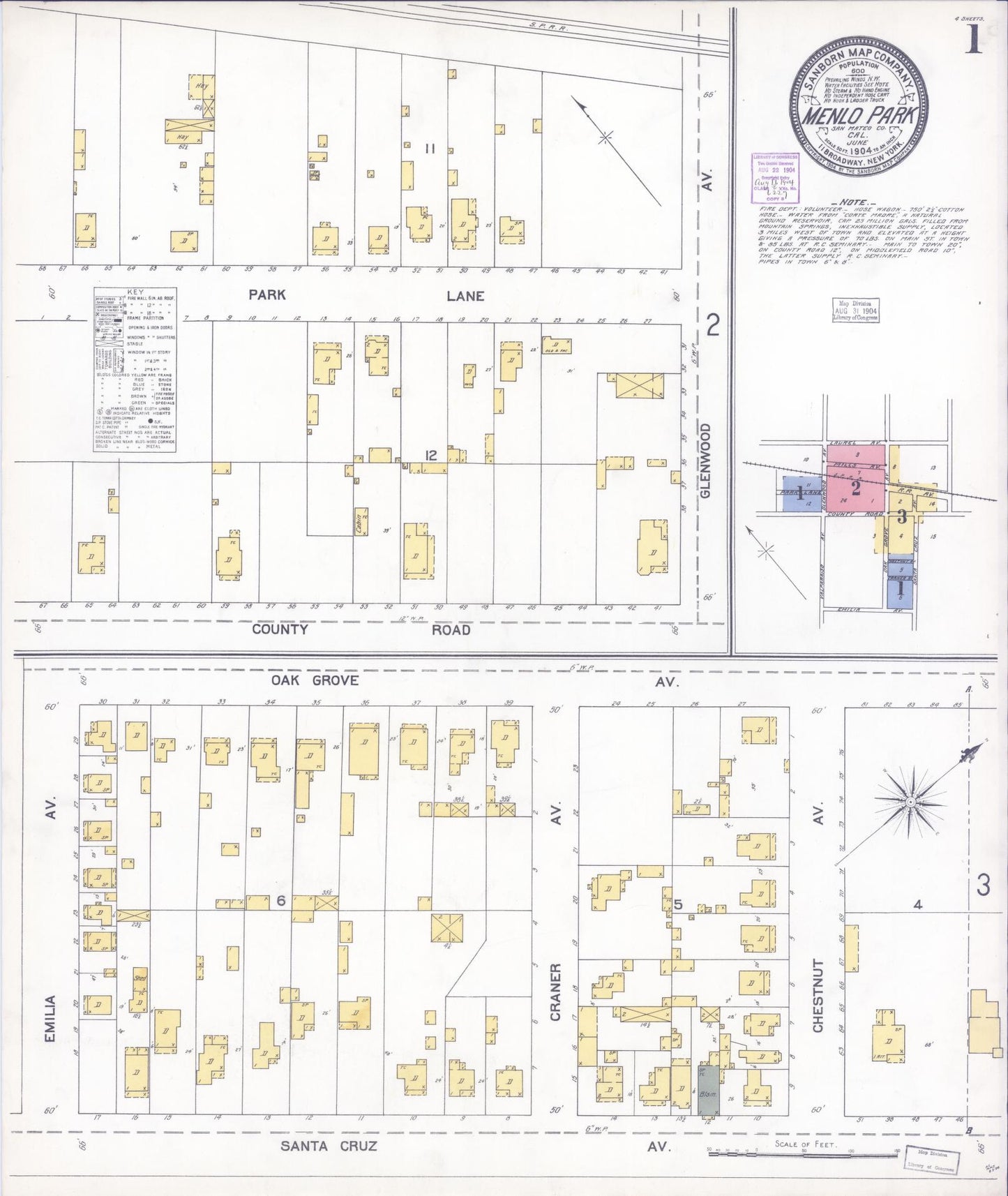 Sanborn Fire Insurance Map from Menlo Park, San Mateo County, California (1904), Sheet #0001 - Historic Sanborn Fire Insurance Map Print, vintage old map wall art, antique decor, genealogy gift, California California map