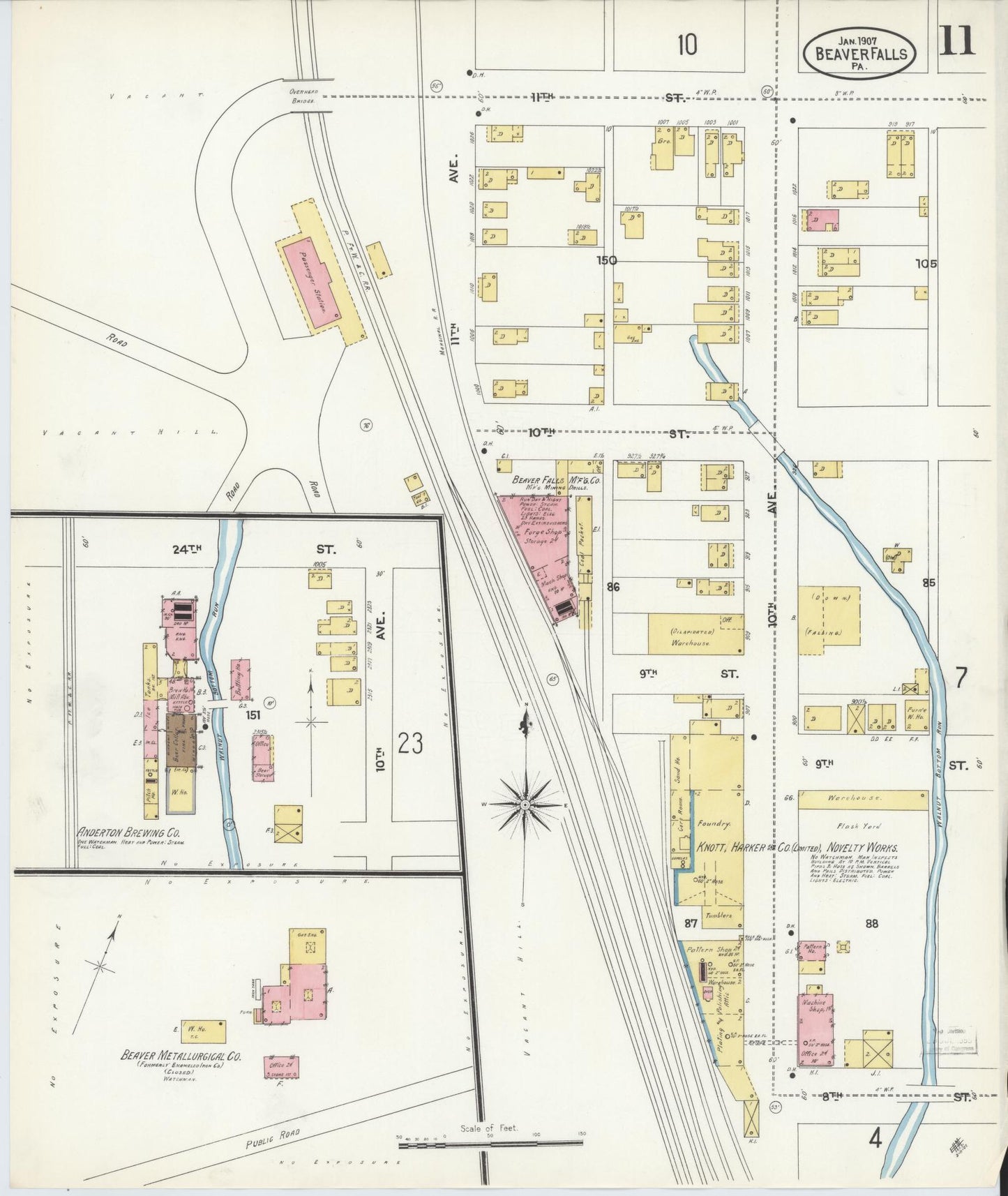 Sanborn Fire Insurance Map from Beaver Falls, Beaver County, Pennsylvania (1907), Sheet #0011 - Historic Sanborn Fire Insurance Map Print, vintage old map wall art, antique decor, genealogy gift, Pennsylvania Pennsylvania map