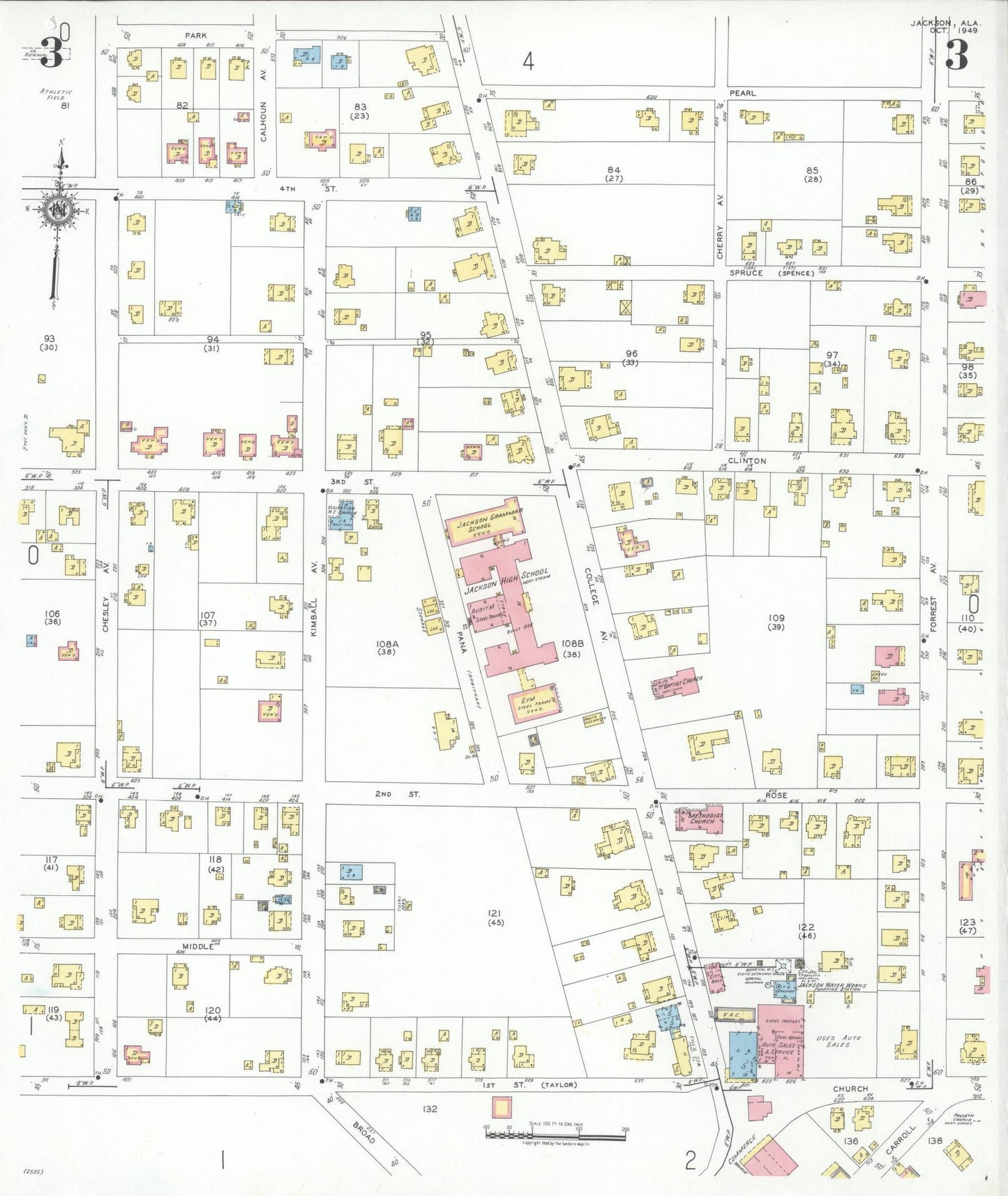 Sanborn Fire Insurance Map from Jackson, Clarke County, Alabama (1949), Sheet #0003 - Historic Sanborn Fire Insurance Map Print, vintage old map wall art, antique decor, genealogy gift, Alabama Alabama map