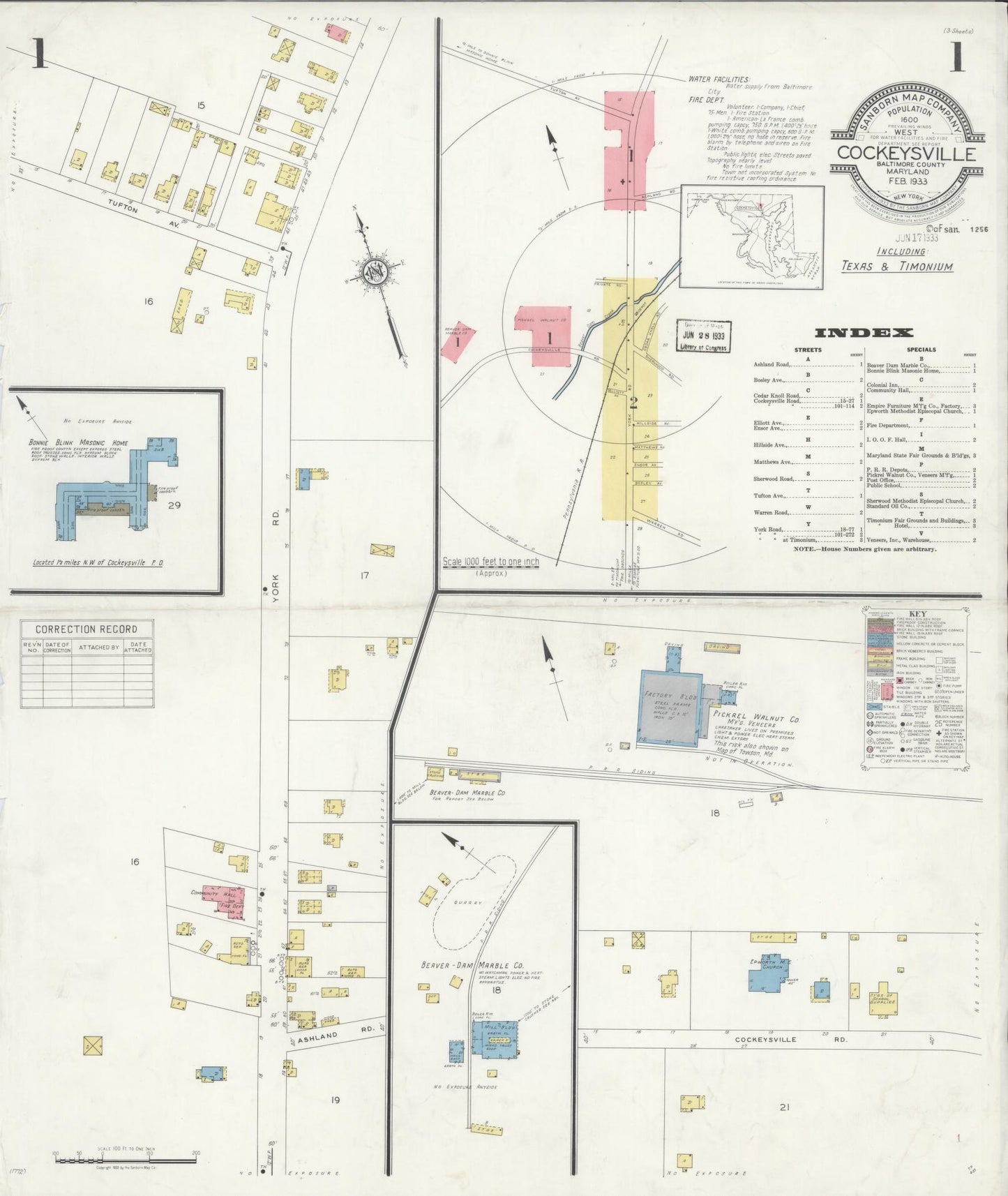 Sanborn Fire Insurance Map from Cockeysville, Baltimore County, Maryland (1933), Sheet #0001 - Historic Sanborn Fire Insurance Map Print, vintage old map wall art, antique decor, genealogy gift, Maryland Maryland map