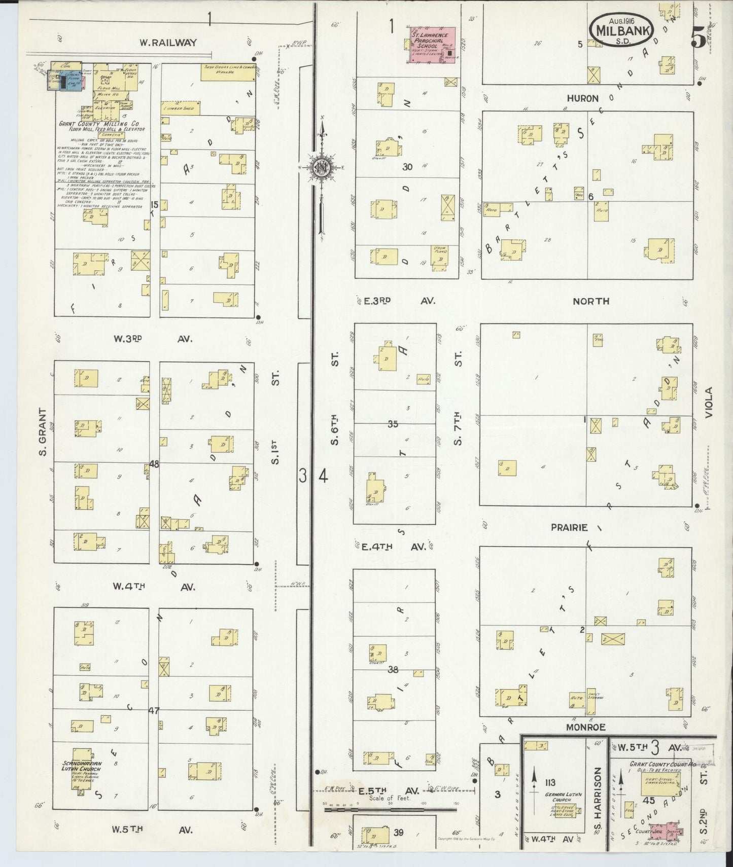 Sanborn Fire Insurance Map from Milbank, Grant County, South Dakota (1916), Sheet #0005 - Historic Sanborn Fire Insurance Map Print, vintage old map wall art, antique decor, genealogy gift, South Dakota South Dakota map
