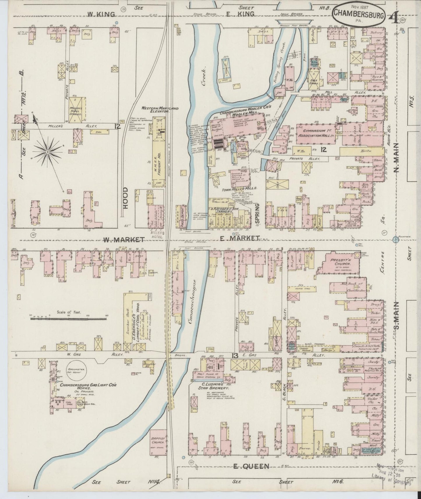 Sanborn Fire Insurance Map from Chambersburg, Franklin County, Pennsylvania (1887), Sheet #0004 - Historic Sanborn Fire Insurance Map Print, vintage old map wall art, antique decor, genealogy gift, Pennsylvania Pennsylvania map