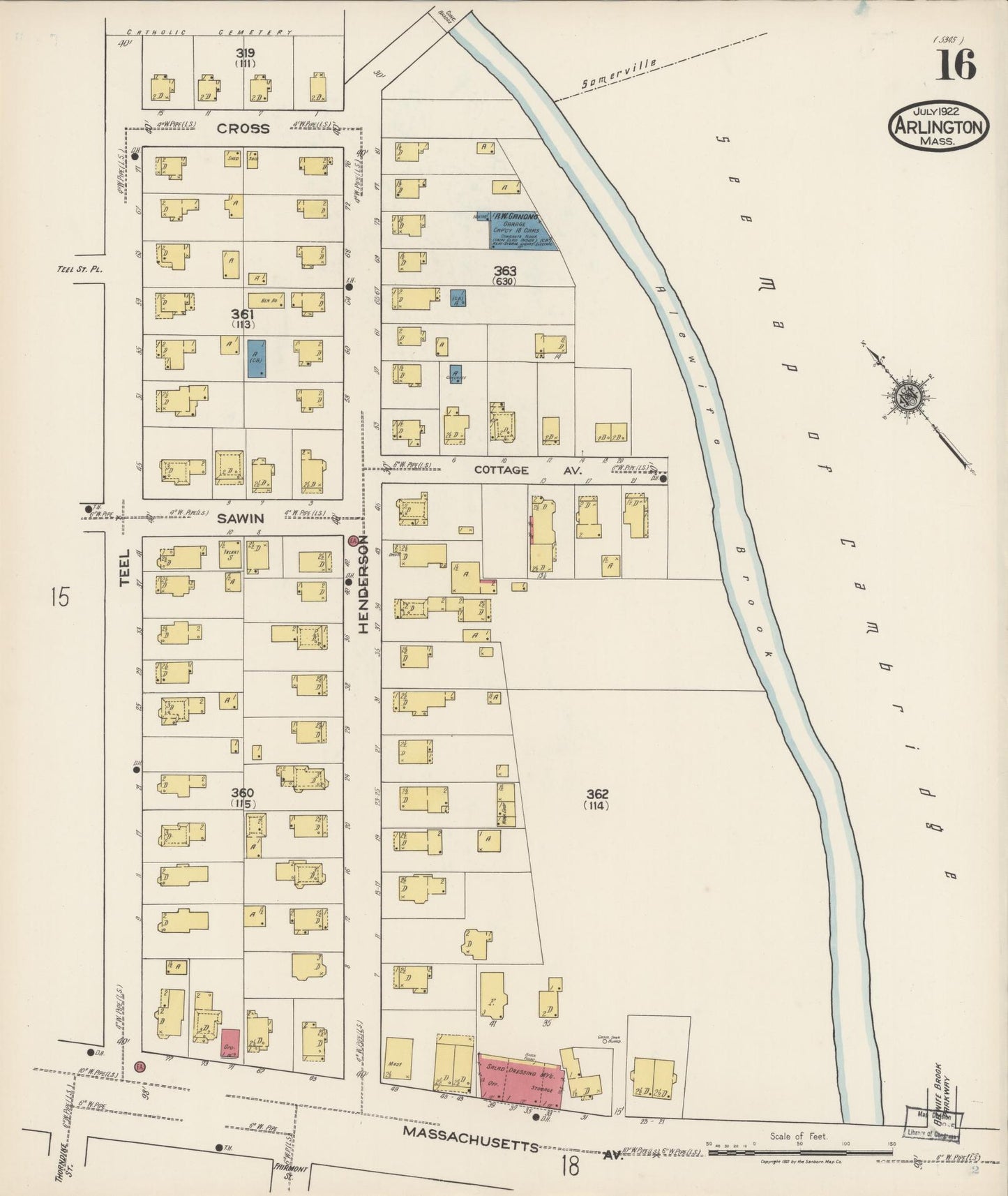 Sanborn Fire Insurance Map from Arlington, Middlesex County, Massachusetts (1922), Sheet #0016 - Historic Sanborn Fire Insurance Map Print, vintage old map wall art, antique decor, genealogy gift, Massachusetts Massachusetts map