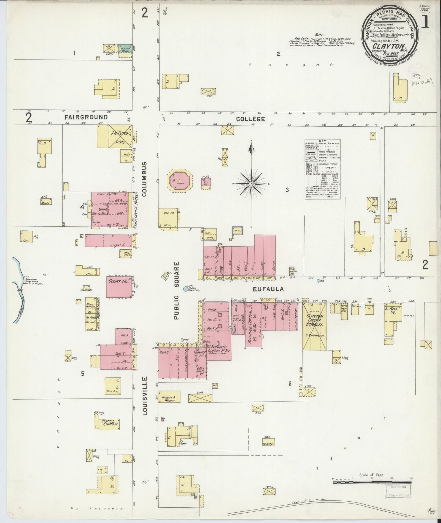 Sanborn Fire Insurance Map from Clayton, Barbour County, Alabama (1897), Sheet #0001 - Historic Sanborn Fire Insurance Map Print, vintage old map wall art, antique decor, genealogy gift, Alabama Alabama map