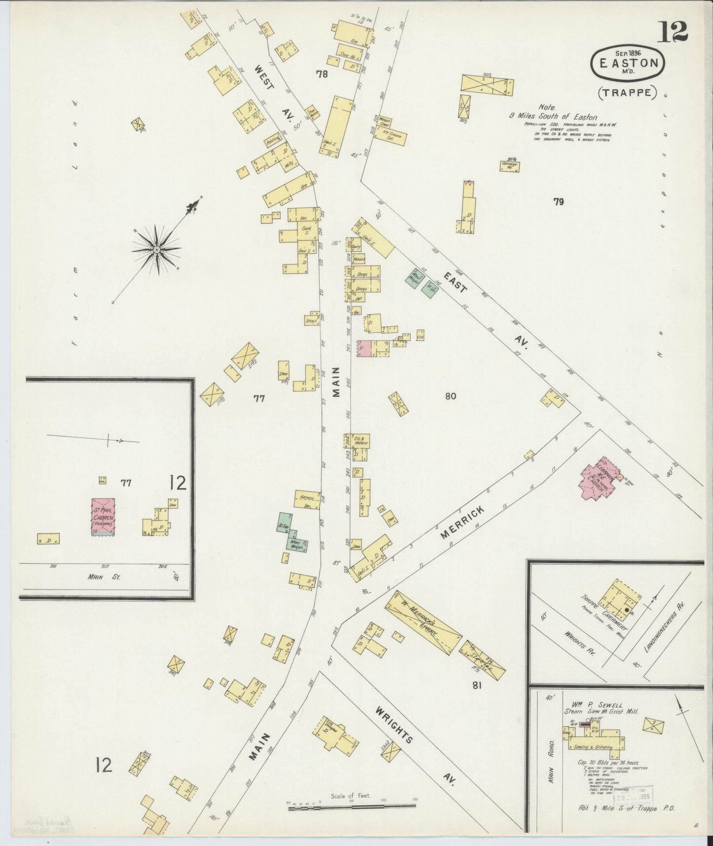 Sanborn Fire Insurance Map from Easton, Talbot County, Maryland (1896), Sheet #0012 - Historic Sanborn Fire Insurance Map Print, vintage old map wall art, antique decor, genealogy gift, Maryland Maryland map