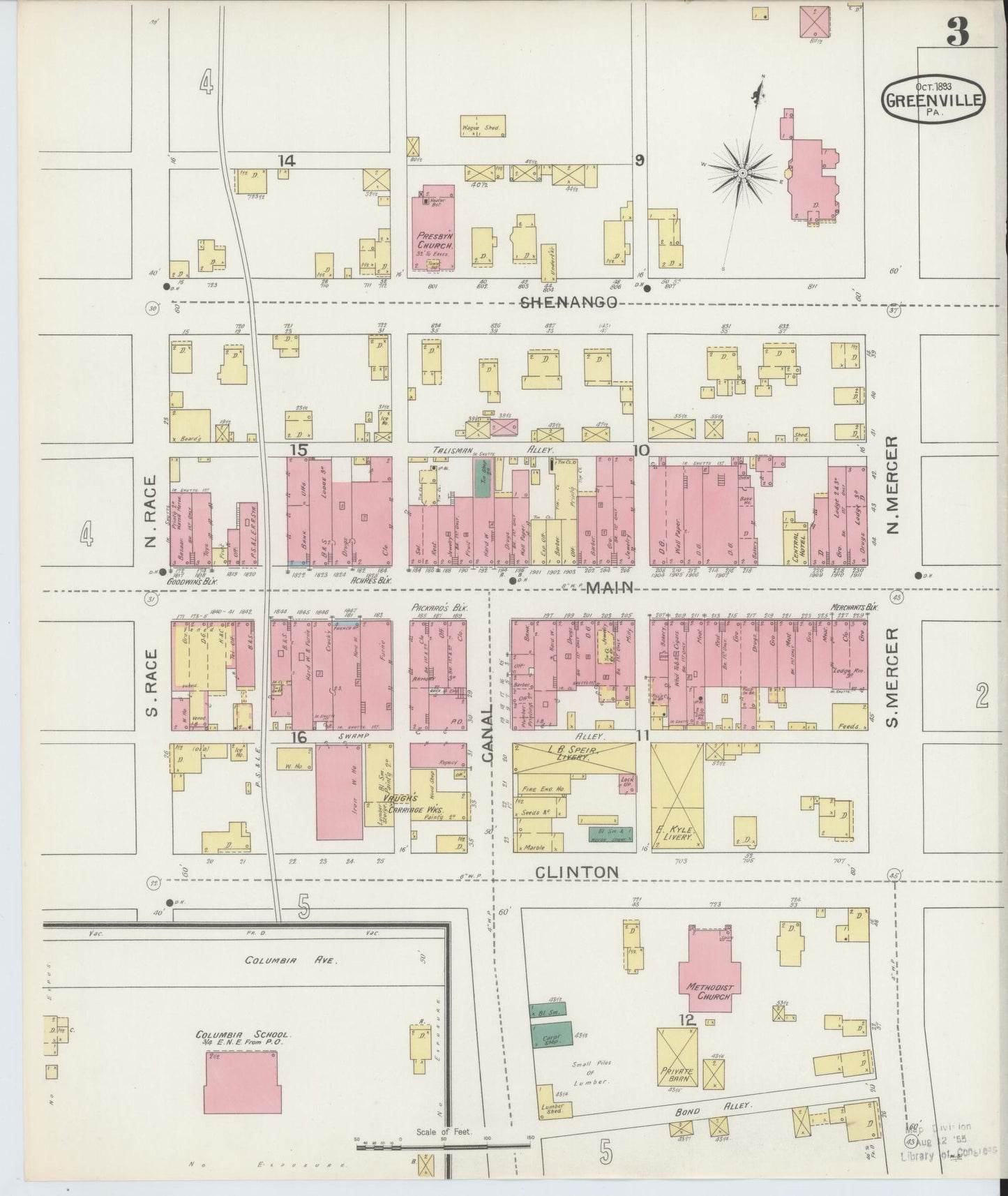 Sanborn Fire Insurance Map from Greenville, Mercer County, Pennsylvania (1893), Sheet #0003 - Historic Sanborn Fire Insurance Map Print, vintage old map wall art, antique decor, genealogy gift, Pennsylvania Pennsylvania map