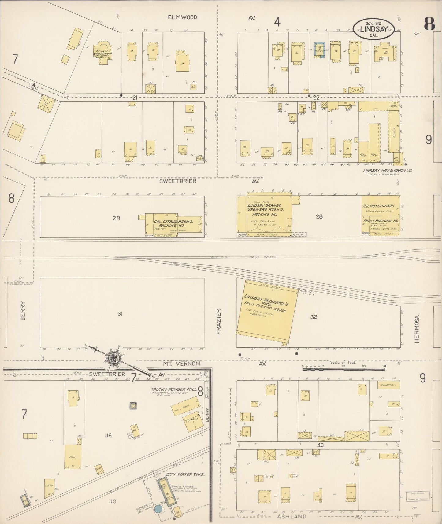 Sanborn Fire Insurance Map from Lindsay, Tulare County, California (1912), Sheet #0008 - Historic Sanborn Fire Insurance Map Print, vintage old map wall art, antique decor, genealogy gift, California California map