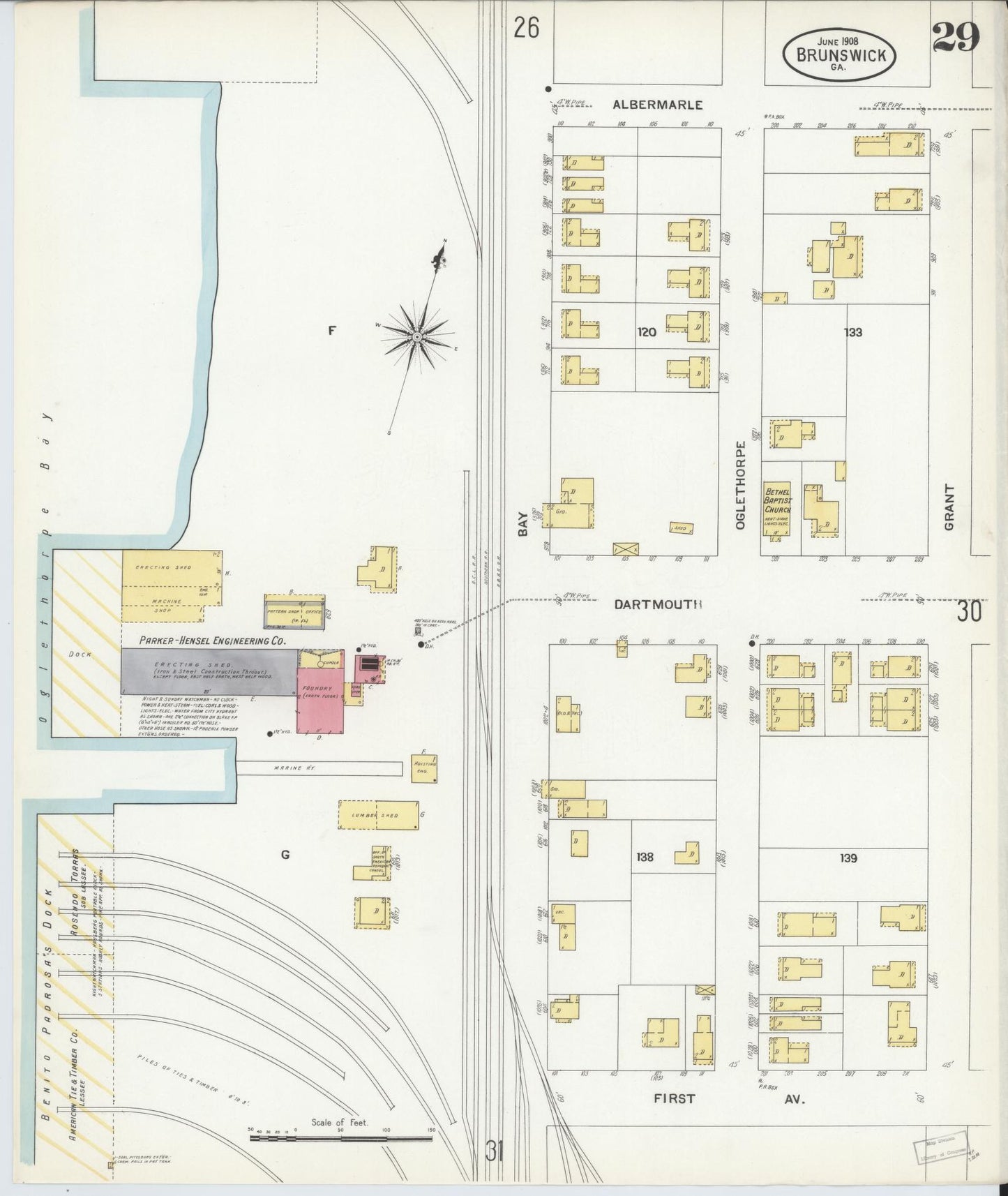 Sanborn Fire Insurance Map from Brunswick, Glynn County, Georgia (1908), Sheet #0029 - Historic Sanborn Fire Insurance Map Print, vintage old map wall art, antique decor, genealogy gift, Georgia Georgia map