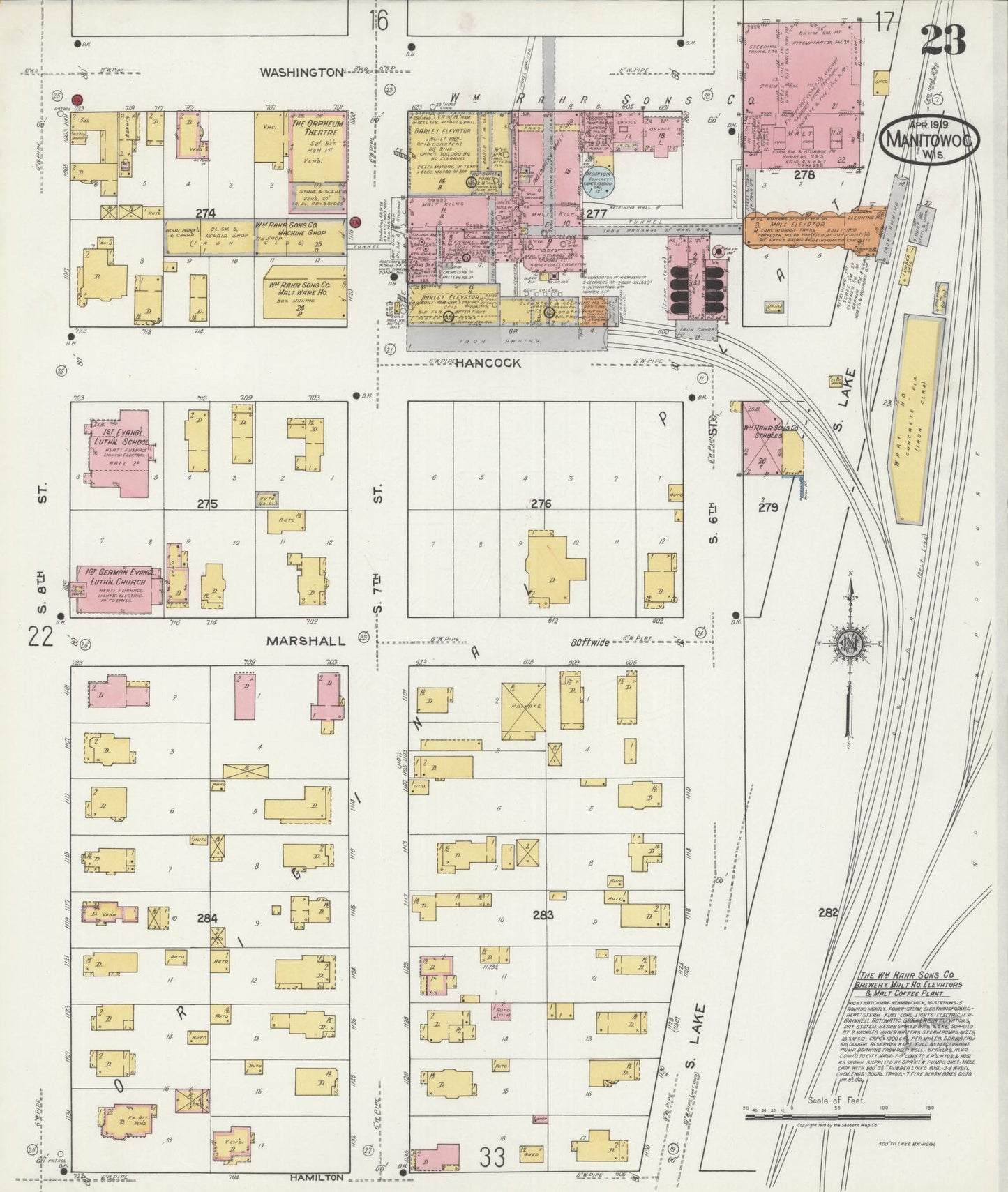 Sanborn Fire Insurance Map from Manitowoc, Manitowoc County, Wisconsin (1919), Sheet #0023 - Historic Sanborn Fire Insurance Map Print, vintage old map wall art, antique decor, genealogy gift, Wisconsin Wisconsin map