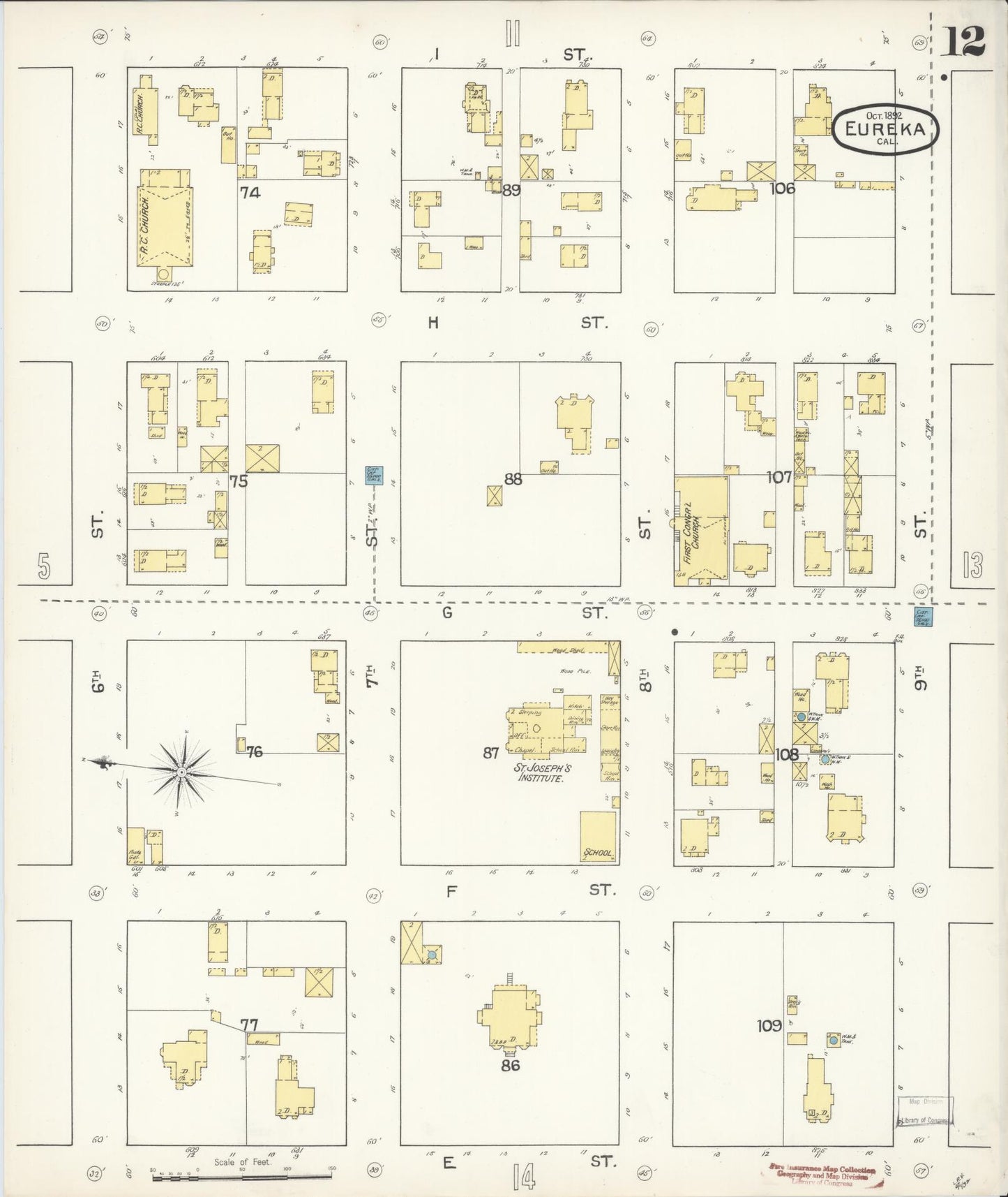 Sanborn Fire Insurance Map from Eureka, Humboldt County, California (1892), Sheet #0012 - Historic Sanborn Fire Insurance Map Print, vintage old map wall art, antique decor, genealogy gift, California California map