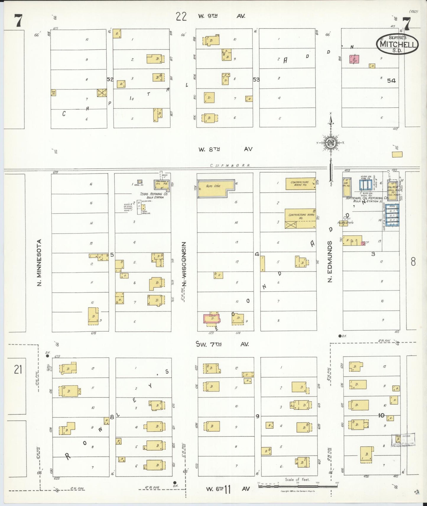 Sanborn Fire Insurance Map from Mitchell, Davison County, South Dakota (1923), Sheet #0007 - Historic Sanborn Fire Insurance Map Print, vintage old map wall art, antique decor, genealogy gift, South Dakota South Dakota map