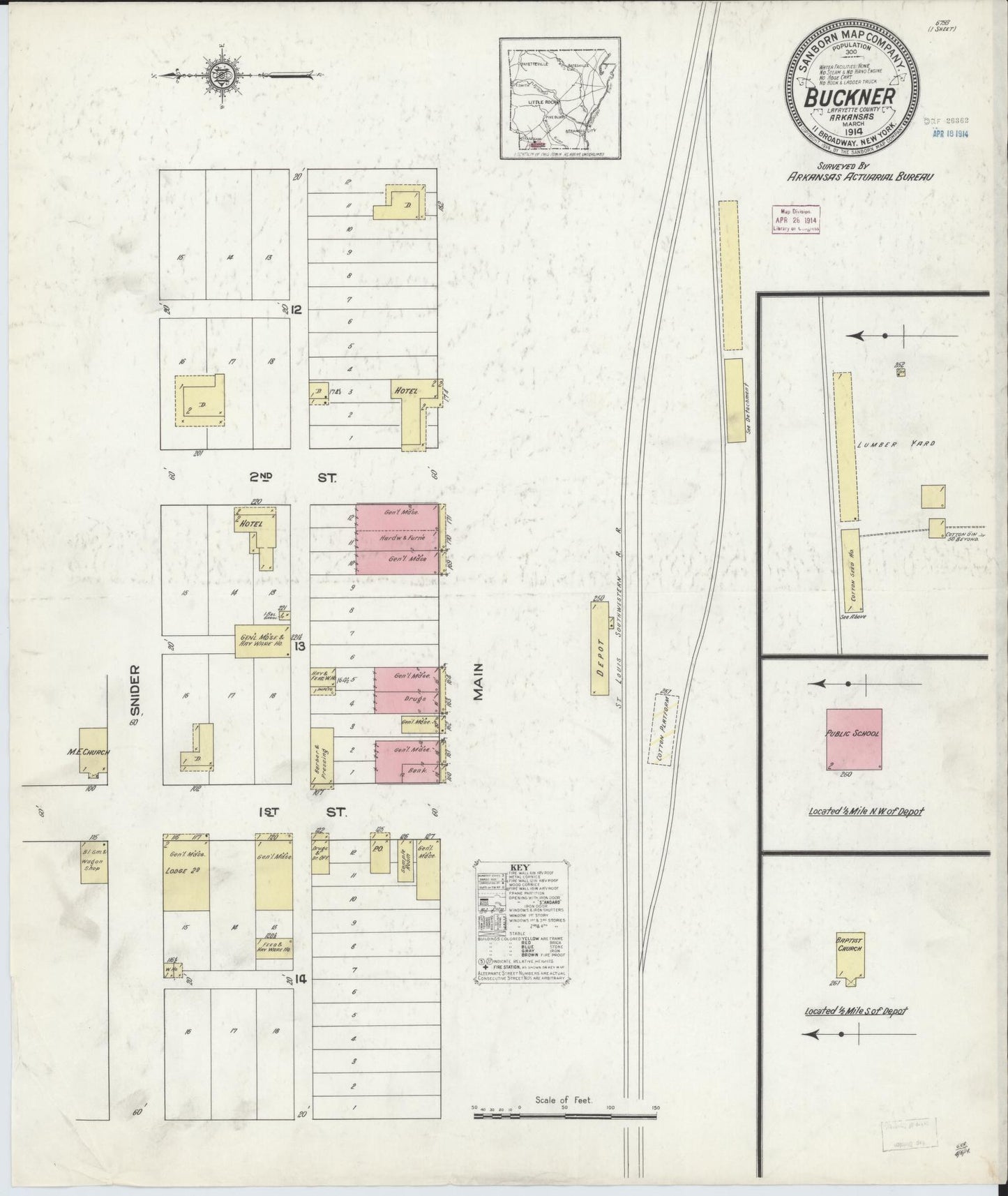 Sanborn Fire Insurance Map from Buckner, Lafayette County, Arkansas (1914), Sheet #0001 - Historic Sanborn Fire Insurance Map Print, vintage old map wall art, antique decor, genealogy gift, Arkansas Arkansas map