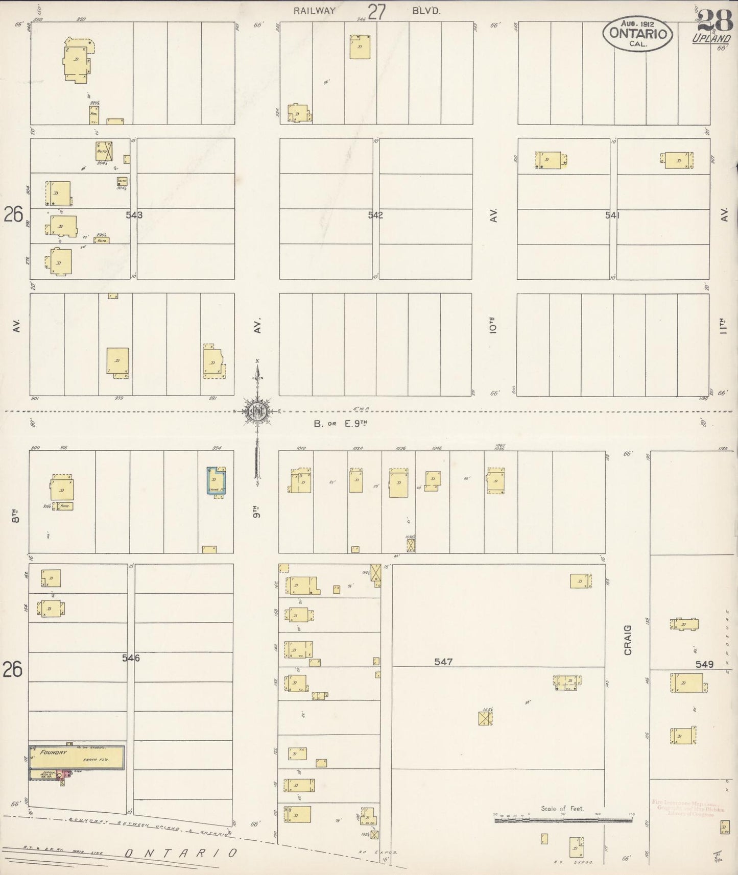 Sanborn Fire Insurance Map from Ontario, San Bernardino County, California (1912), Sheet #0028 - Complete Map Set gallery image, historic Sanborn map, vintage wall art, California California