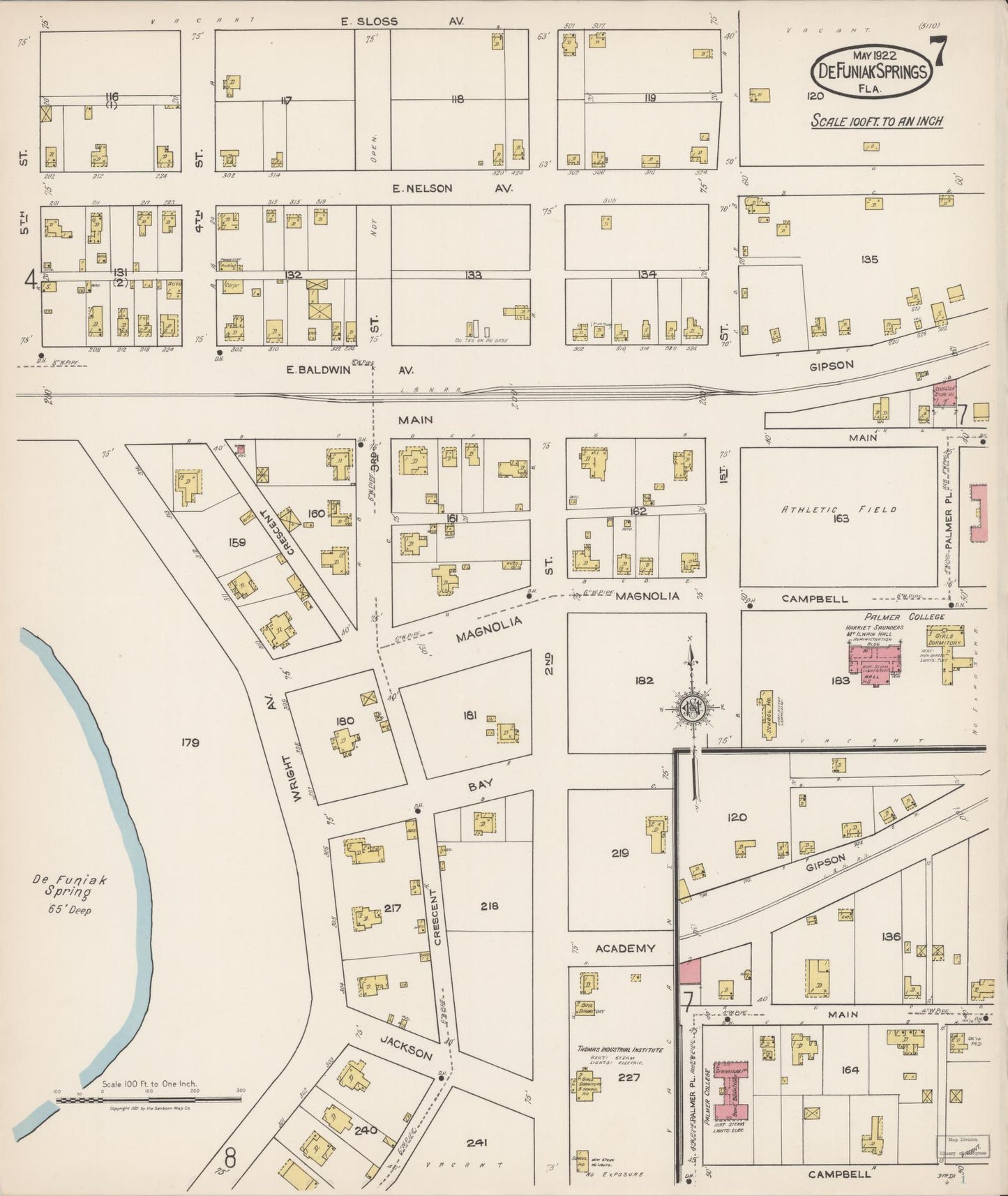 Sanborn Fire Insurance Map from De Funiak Springs, Walton County, Florida (1922), Sheet #0007 - Historic Sanborn Fire Insurance Map Print, vintage old map wall art, antique decor, genealogy gift, Florida Florida map