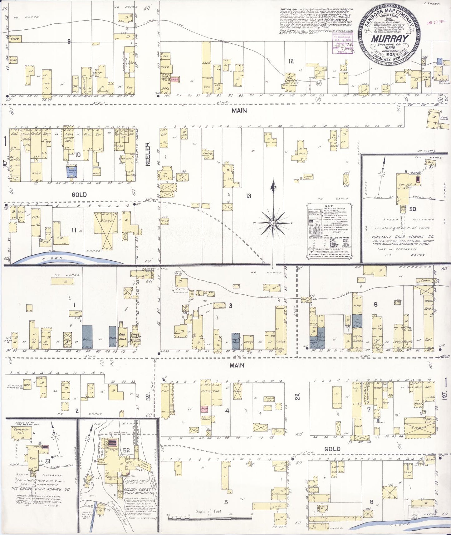 Sanborn Fire Insurance Map from Murray, Shoshone County, Idaho (1908), Sheet #0001 - Historic Sanborn Fire Insurance Map Print, vintage old map wall art, antique decor, genealogy gift, Idaho Idaho map