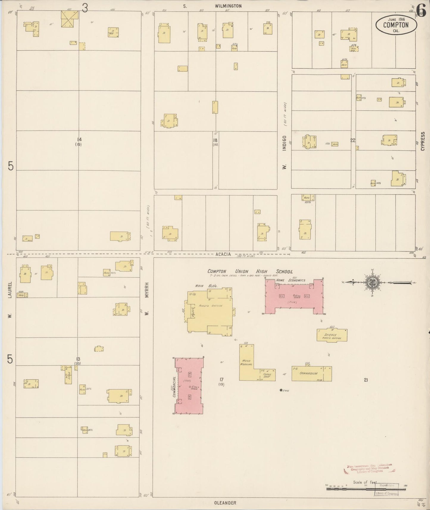 Sanborn Fire Insurance Map from Compton, Los Angeles County, California (1916), Sheet #0006 - Complete Map Set gallery image, historic Sanborn map, vintage wall art, California California