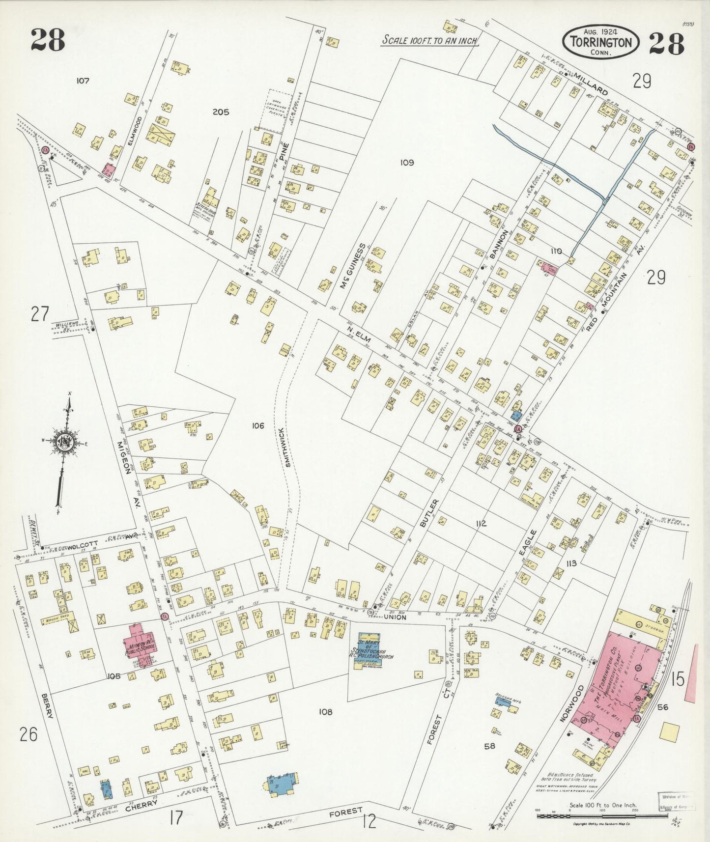 Sanborn Fire Insurance Map from Torrington, Litchfield County, Connecticut (1924), Sheet #0028 - Historic Sanborn Fire Insurance Map Print, vintage old map wall art, antique decor, genealogy gift, Connecticut Connecticut map