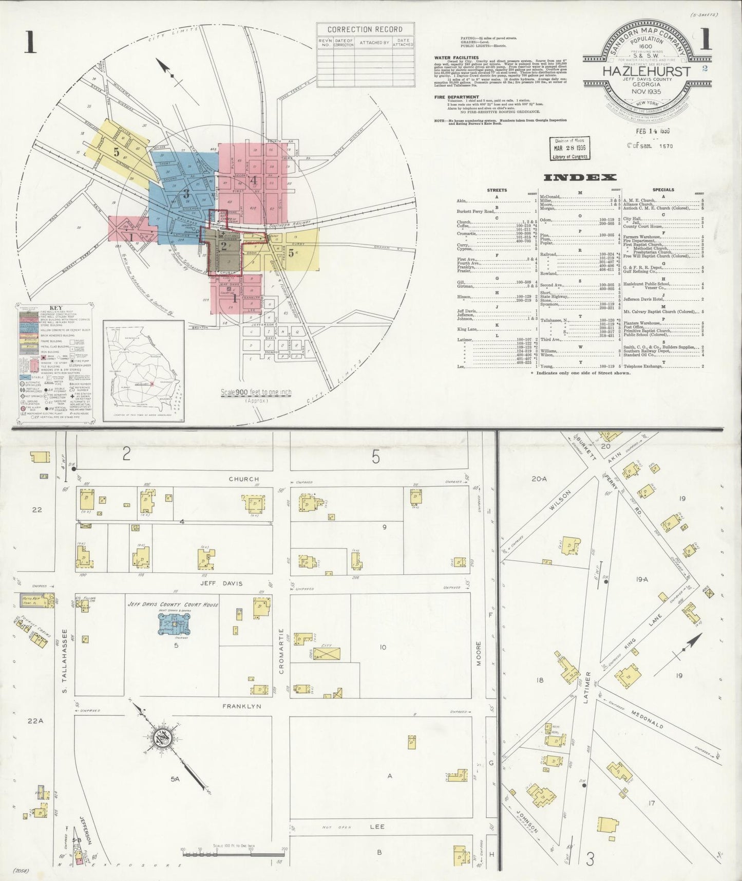 Sanborn Fire Insurance Map from Hazlehurst, Jeff Davis County, Georgia (1935), Sheet #0001 - Historic Sanborn Fire Insurance Map Print, vintage old map wall art, antique decor, genealogy gift, Georgia Georgia map