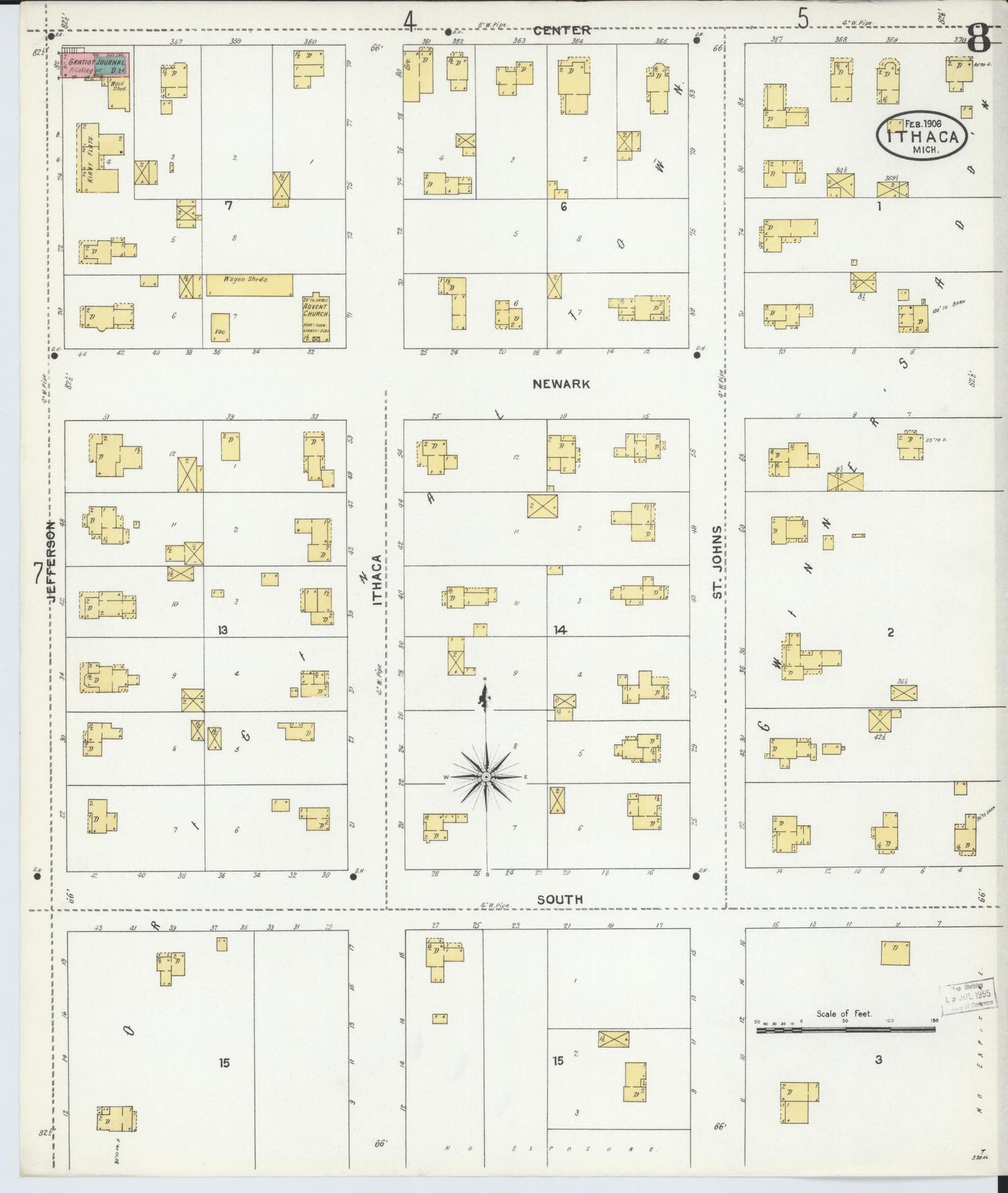 Sanborn Fire Insurance Map from Ithaca, Gratiot County, Michigan (1906), Sheet #0008 - Complete Map Set gallery image, historic Sanborn map, vintage wall art, Michigan Michigan