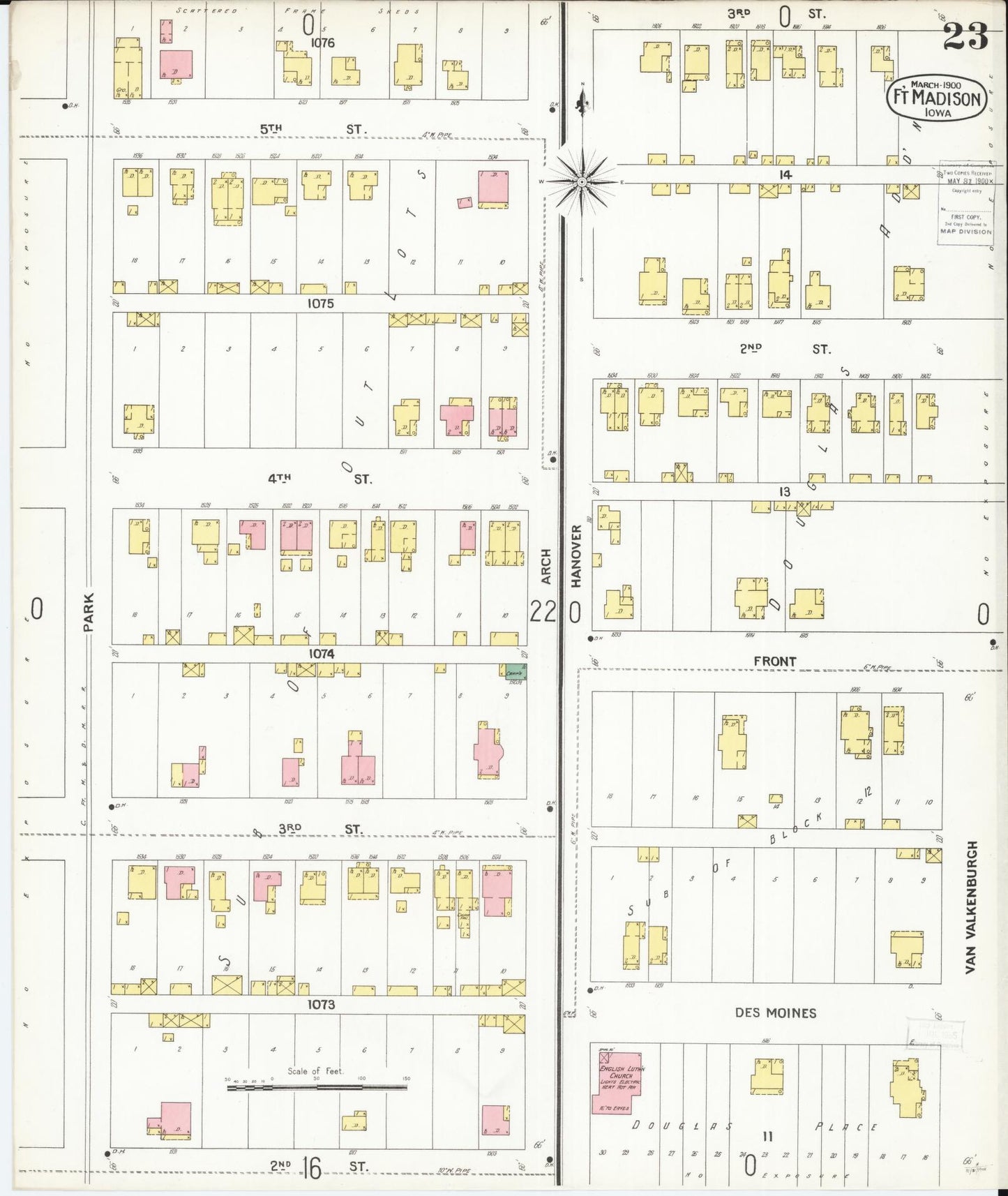 Sanborn Fire Insurance Map from Fort Madison, Lee County, Iowa (1900), Sheet #0023 - Historic Sanborn Fire Insurance Map Print, vintage old map wall art