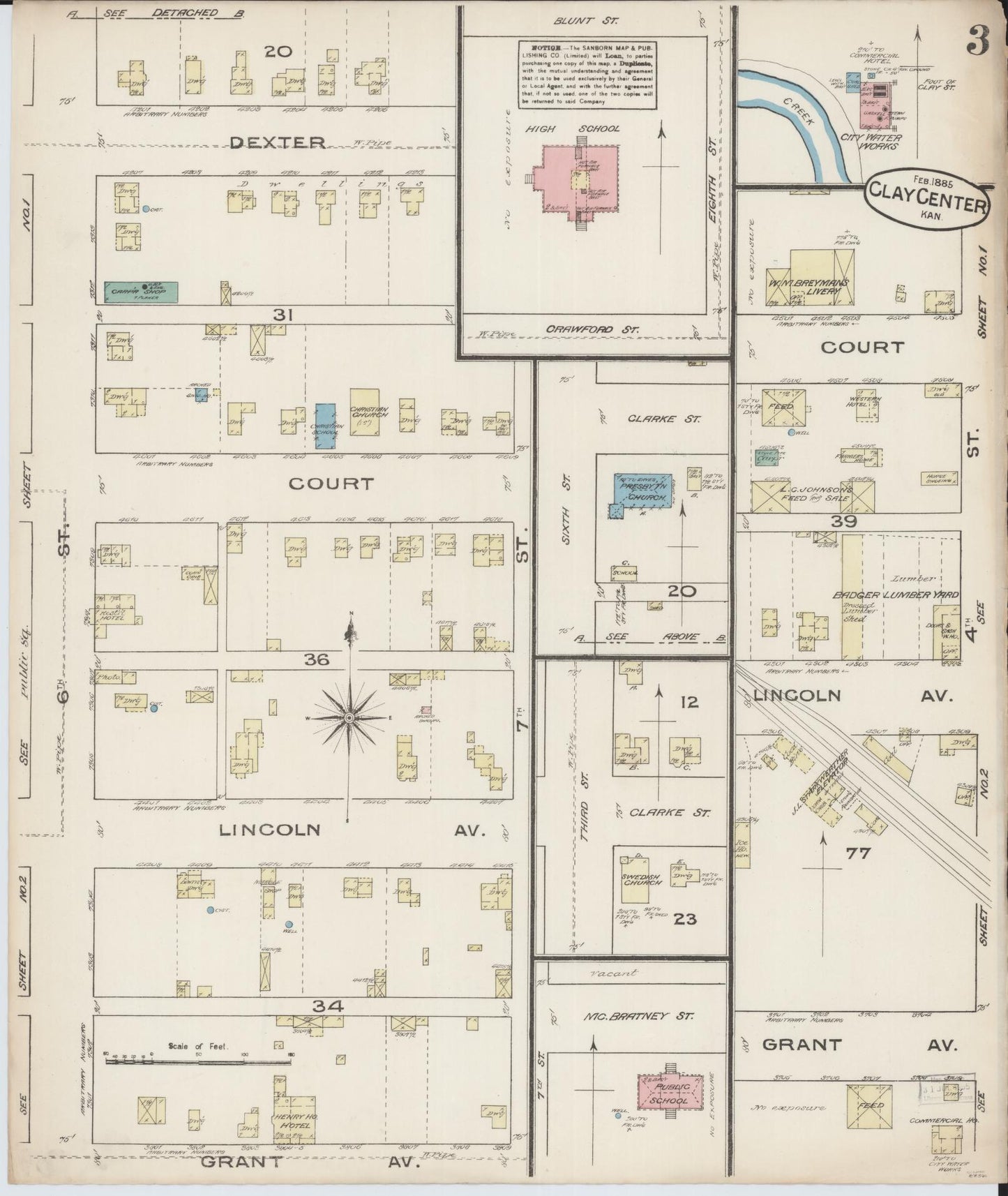 Sanborn Fire Insurance Map from Clay Center, Clay County, Kansas (1885), Sheet #0003 - Historic Sanborn Fire Insurance Map Print, vintage old map wall art, antique decor, genealogy gift, Kansas Kansas map