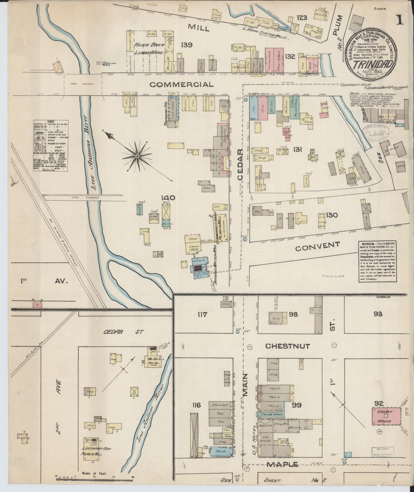 Sanborn Fire Insurance Map from Trinidad, Las Animas County, Colorado (1883), Sheet #0001 - Historic Sanborn Fire Insurance Map Print, vintage old map wall art, antique decor, genealogy gift, Colorado Colorado map