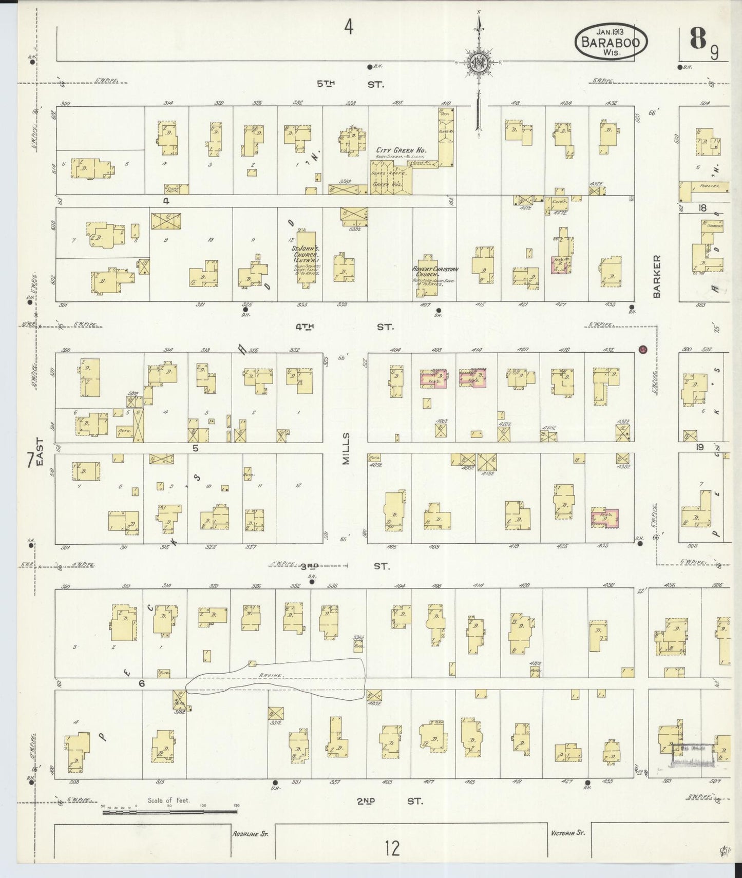 Sanborn Fire Insurance Map from Baraboo, Sauk County, Wisconsin (1913), Sheet #0008 - Historic Sanborn Fire Insurance Map Print, vintage old map wall art, antique decor, genealogy gift, Wisconsin Wisconsin map