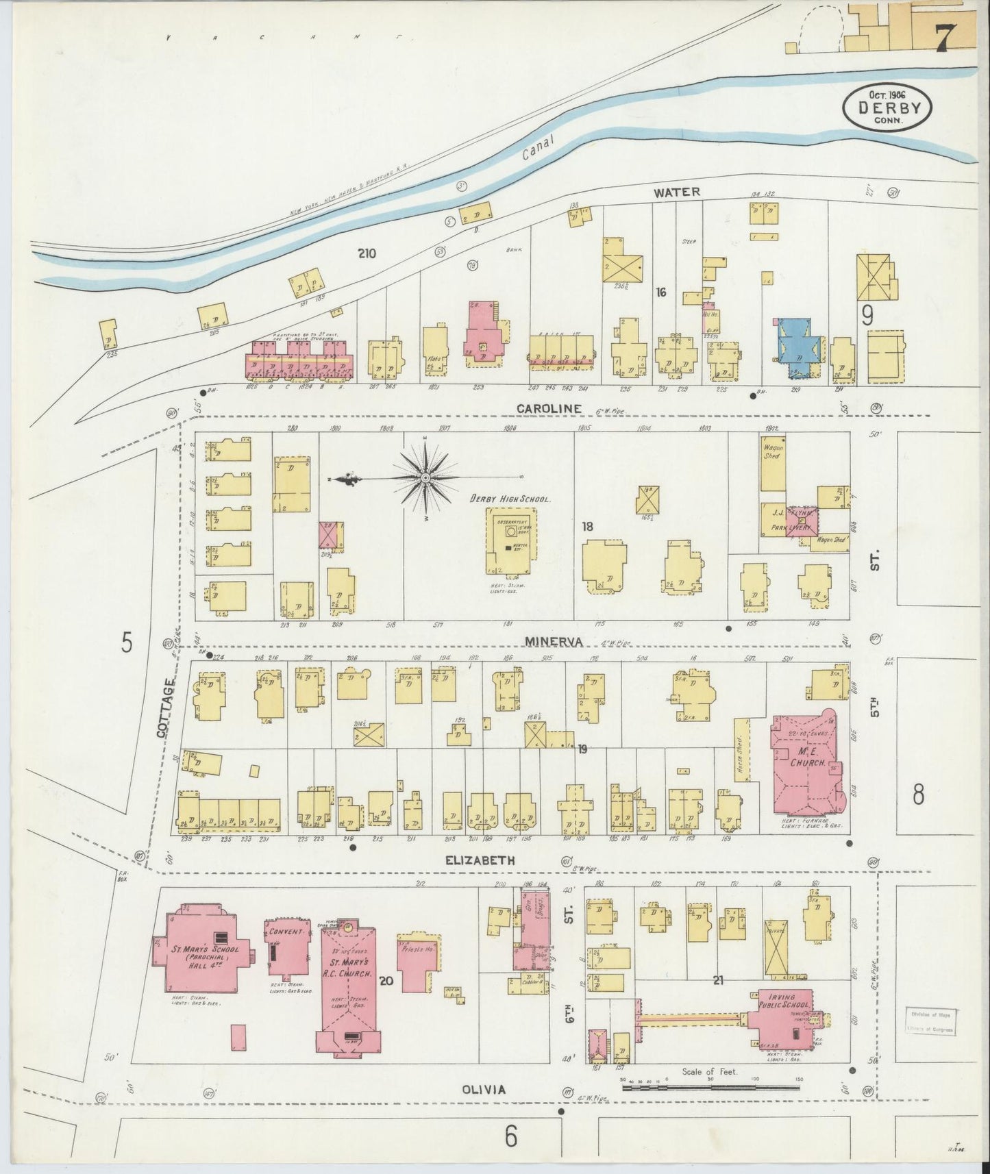 Sanborn Fire Insurance Map from Derby, New Haven County, Connecticut (1906), Sheet #0007 - Historic Sanborn Fire Insurance Map Print, vintage old map wall art, antique decor, genealogy gift, Connecticut Connecticut map
