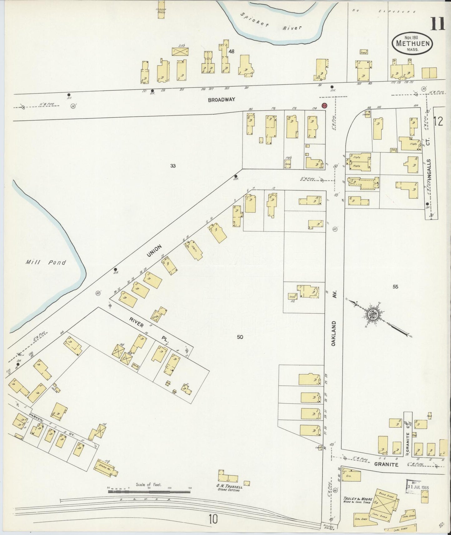 Sanborn Fire Insurance Map from Methuen, Essex County, Massachusetts (1911), Sheet #0011 - Historic Sanborn Fire Insurance Map Print, vintage old map wall art, antique decor, genealogy gift, Massachusetts Massachusetts map