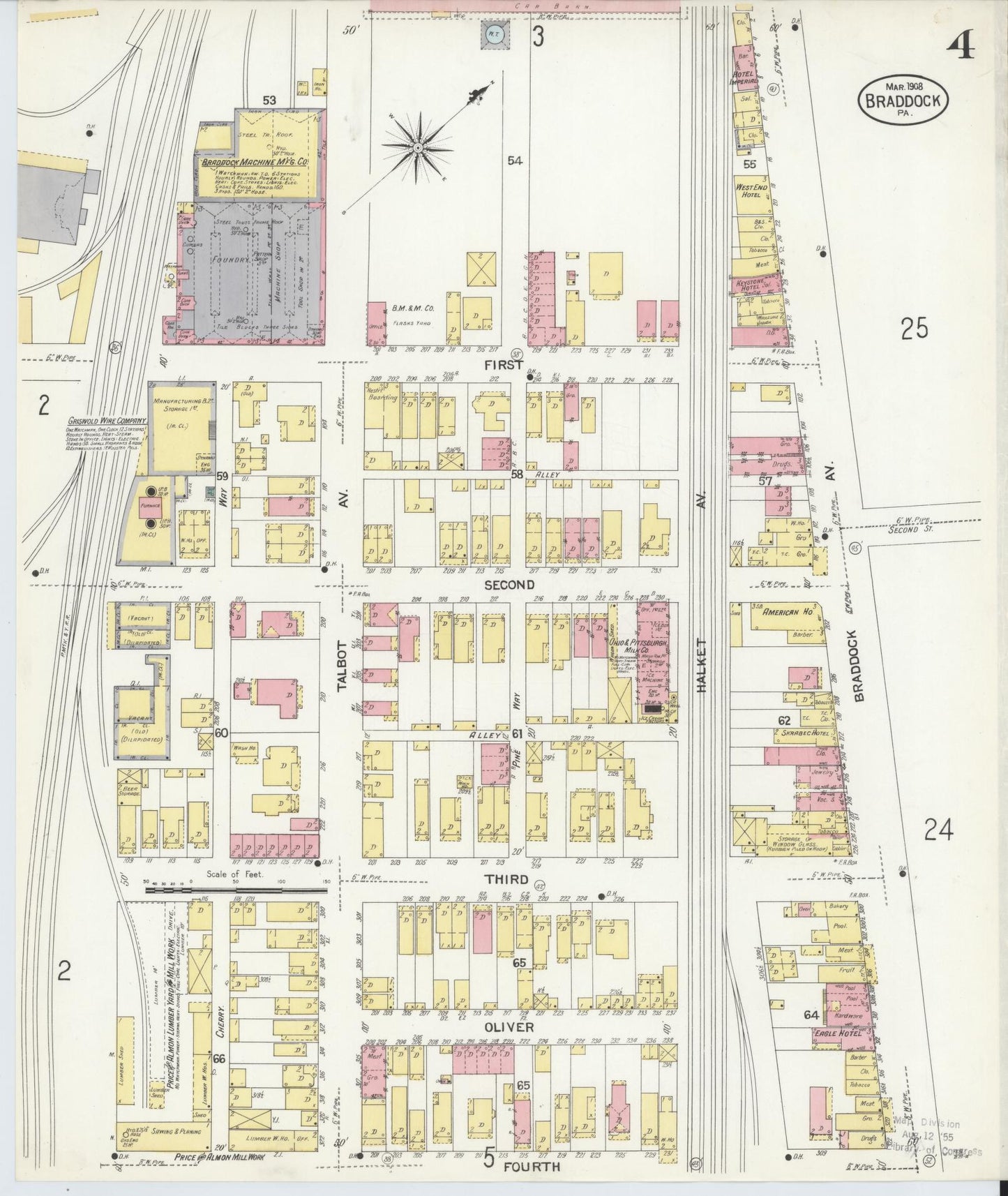 Sanborn Fire Insurance Map from Braddock, Allegheny County, Pennsylvania (1908), Sheet #0004 - Historic Sanborn Fire Insurance Map Print, vintage old map wall art, antique decor, genealogy gift, Pennsylvania Pennsylvania map