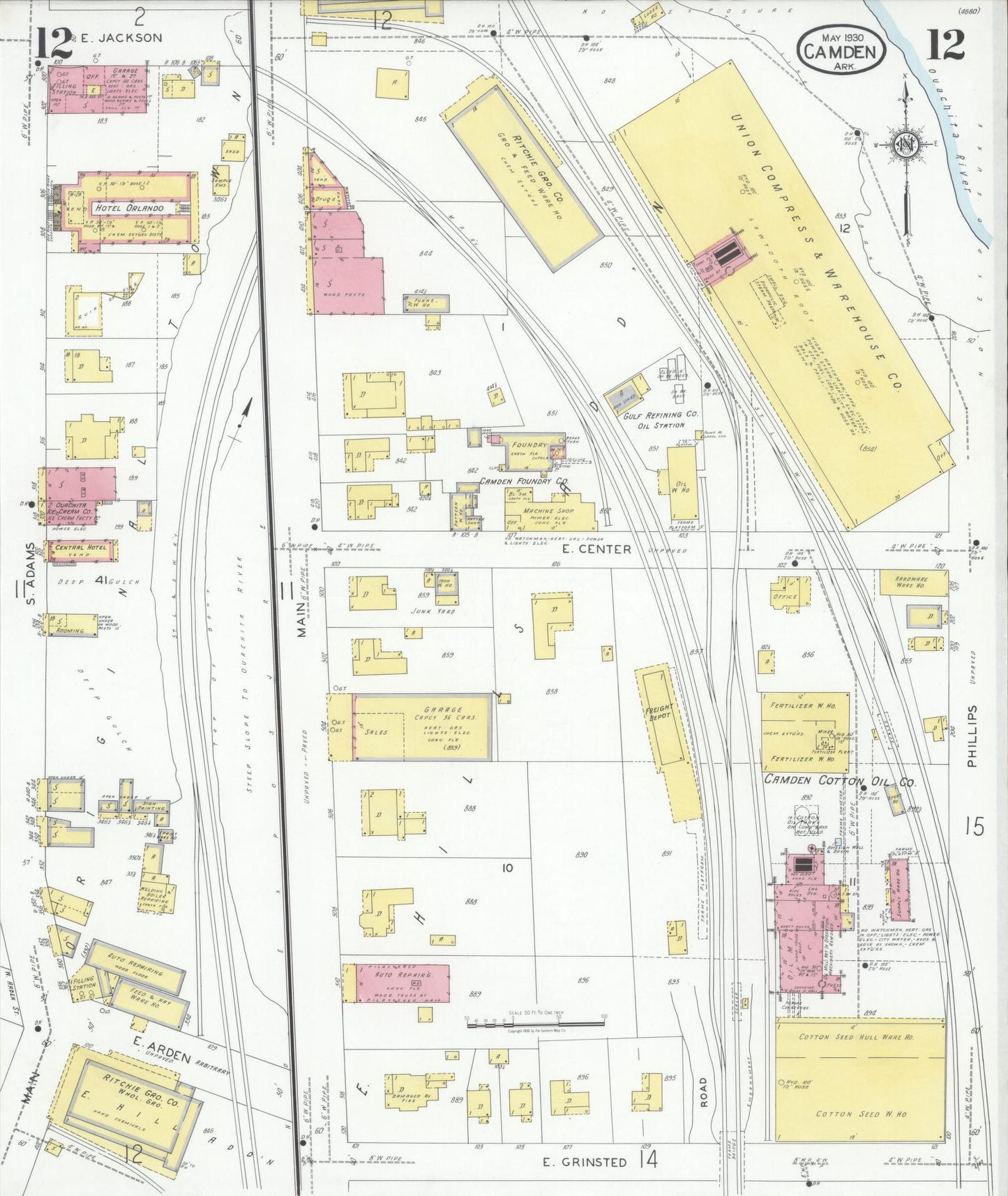 Sanborn Fire Insurance Map from Camden, Ouachita County, Arkansas (1930), Sheet #0012 - Historic Sanborn Fire Insurance Map Print, vintage old map wall art, antique decor, genealogy gift, Arkansas Arkansas map