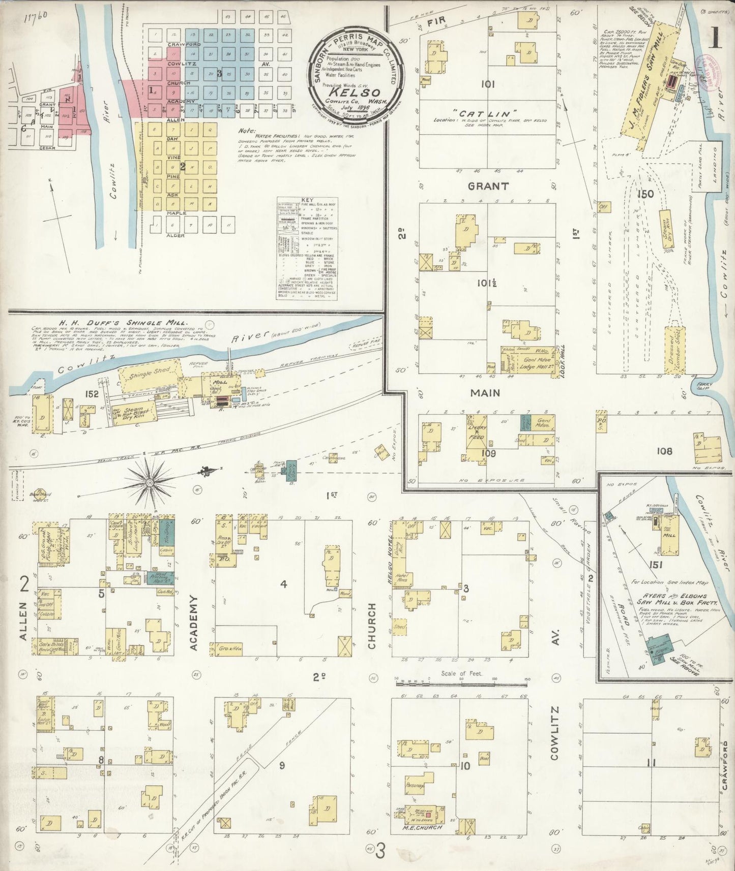 Sanborn Fire Insurance Map from Kelso, Cowlitz County, Washington (1896), Sheet #0001 - Historic Sanborn Fire Insurance Map Print, vintage old map wall art, antique decor, genealogy gift, Washington Washington map