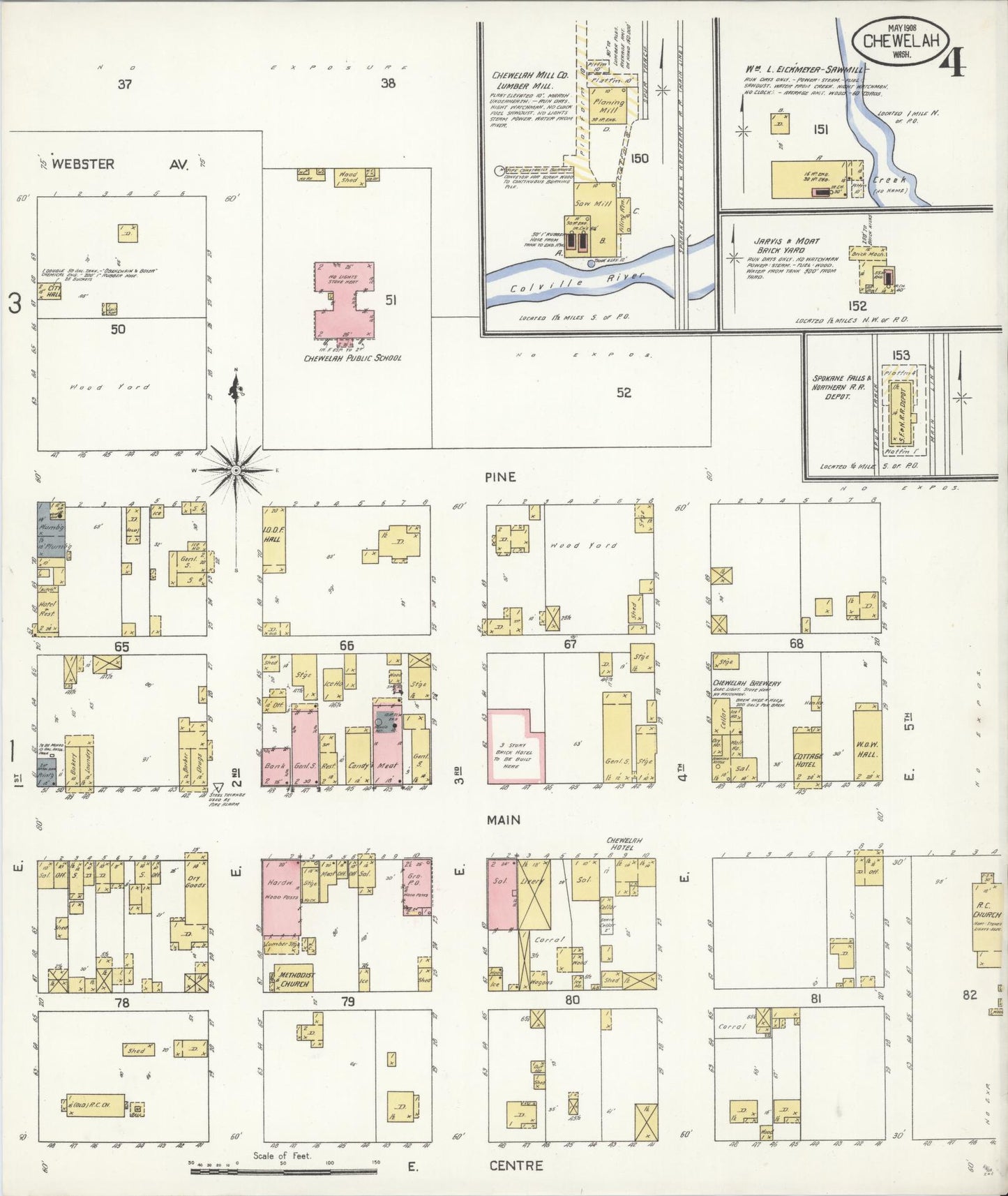 Sanborn Fire Insurance Map from Chewelah, Stevens County, Washington (1908), Sheet #0004 - Complete Map Set gallery image, historic Sanborn map, vintage wall art, Washington Washington