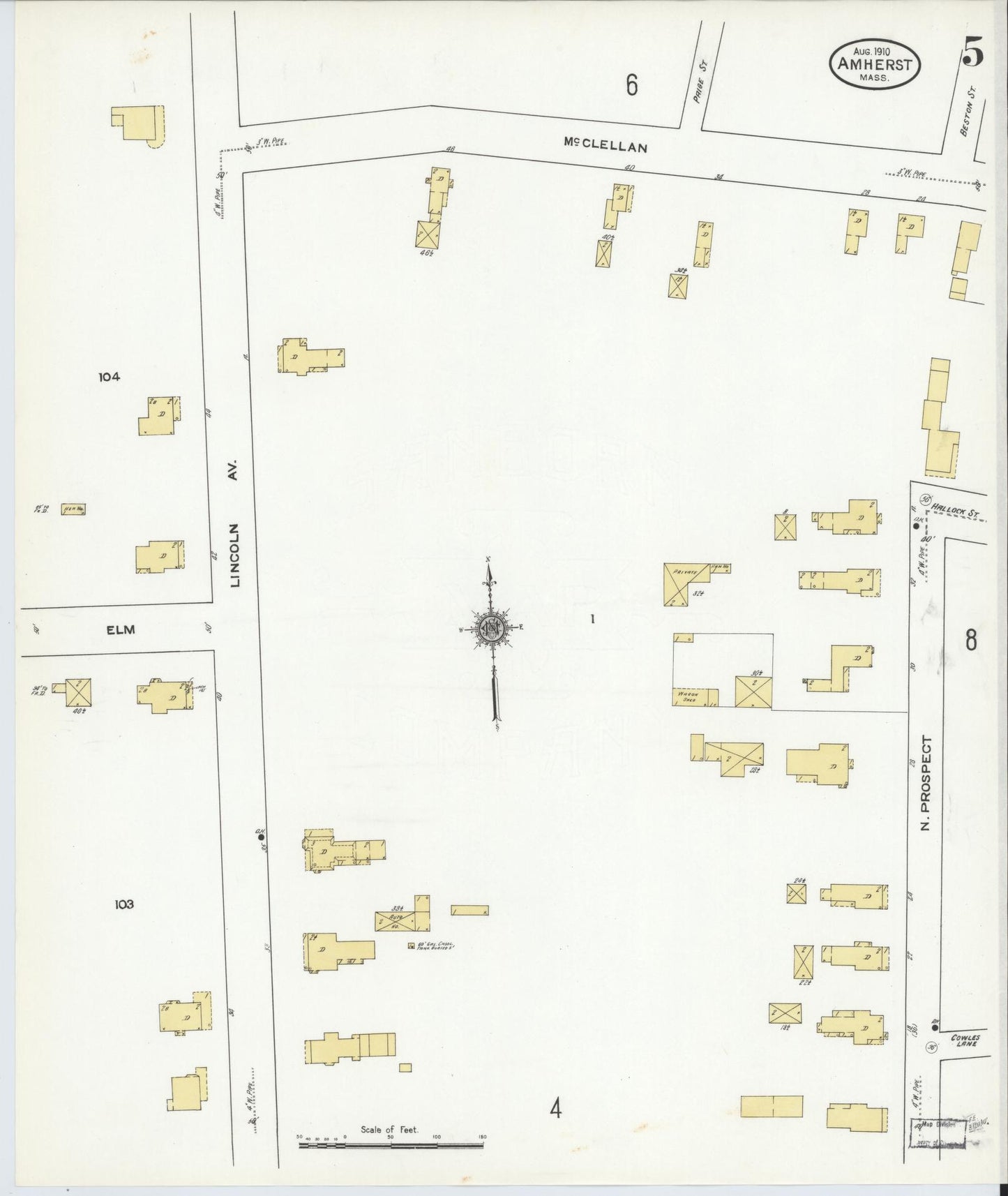 Sanborn Fire Insurance Map from Amherst, Hampshire County, Massachusetts (1910), Sheet #0005 - Historic Sanborn Fire Insurance Map Print, vintage old map wall art, antique decor, genealogy gift, Massachusetts Massachusetts map