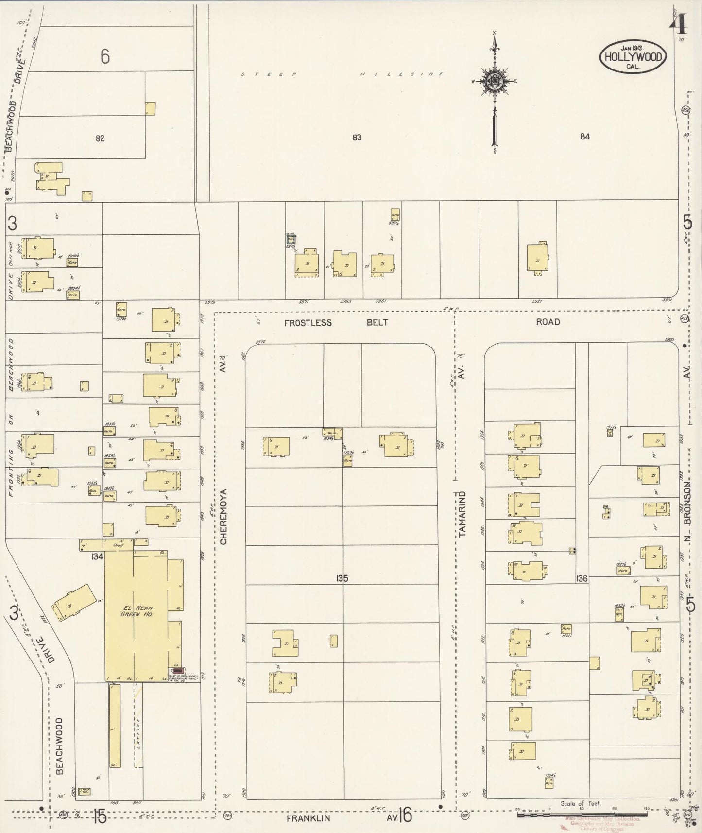 Sanborn Fire Insurance Map from Hollywood, Los Angeles County, California (1913), Sheet #0004 - Historic Sanborn Fire Insurance Map Print, vintage old map wall art, antique decor, genealogy gift, California California map